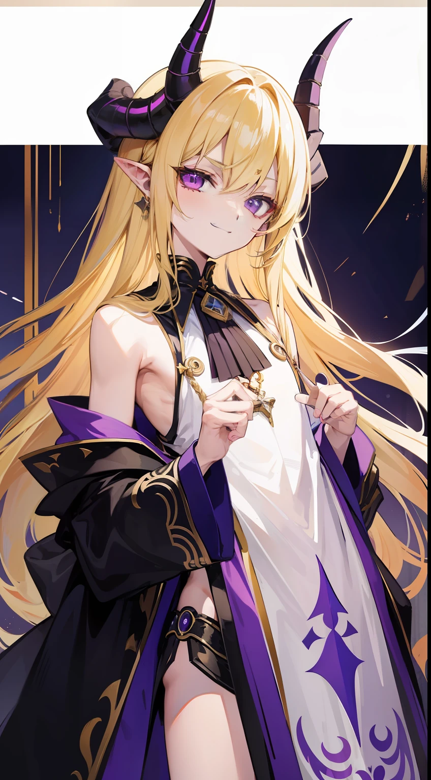 young boy, very long blonde hair, horns demon, violet eyes, Demon slaves, open shoulders, smirk, Masterpiece, hiquality