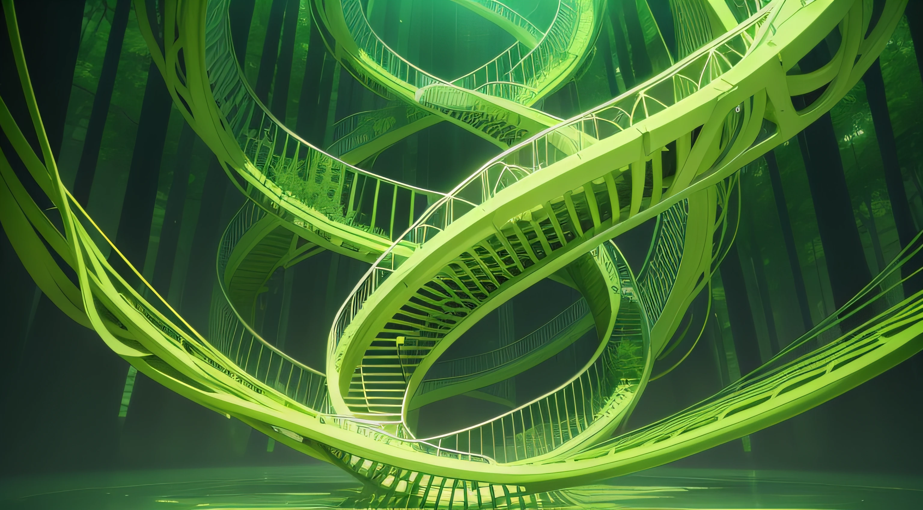 "DNA helix intertwined with lush green foliage."