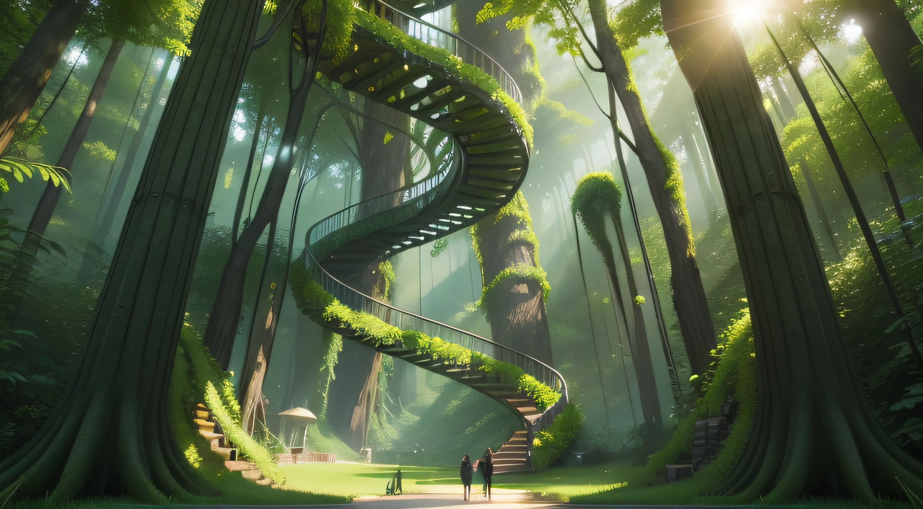 "DNA helix intertwined with lush green foliage."