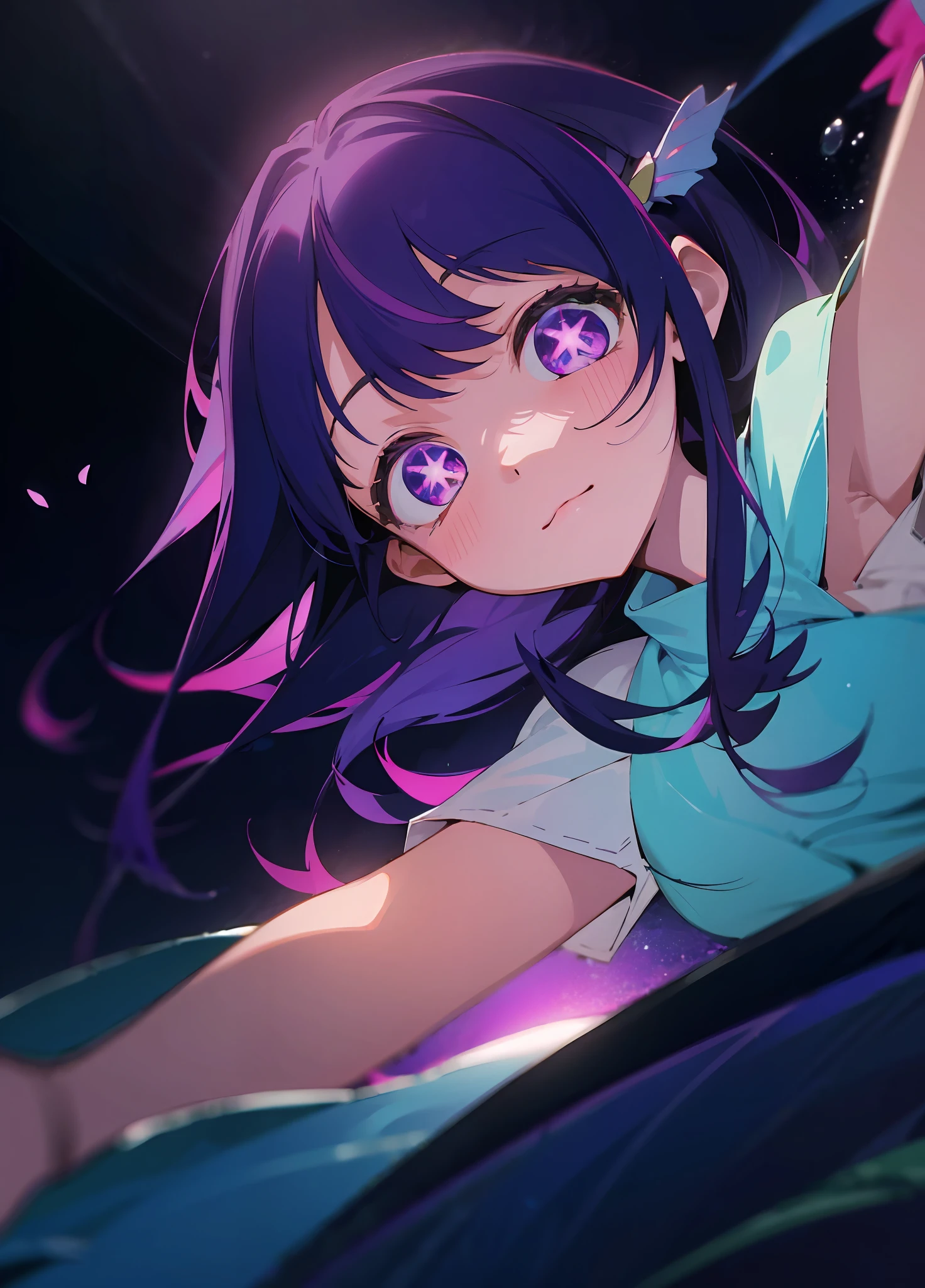 "Hoshino Ai from Oshi no Ko with purple hair, starry eyes, diving underwater, (4k), (bug fixed)"