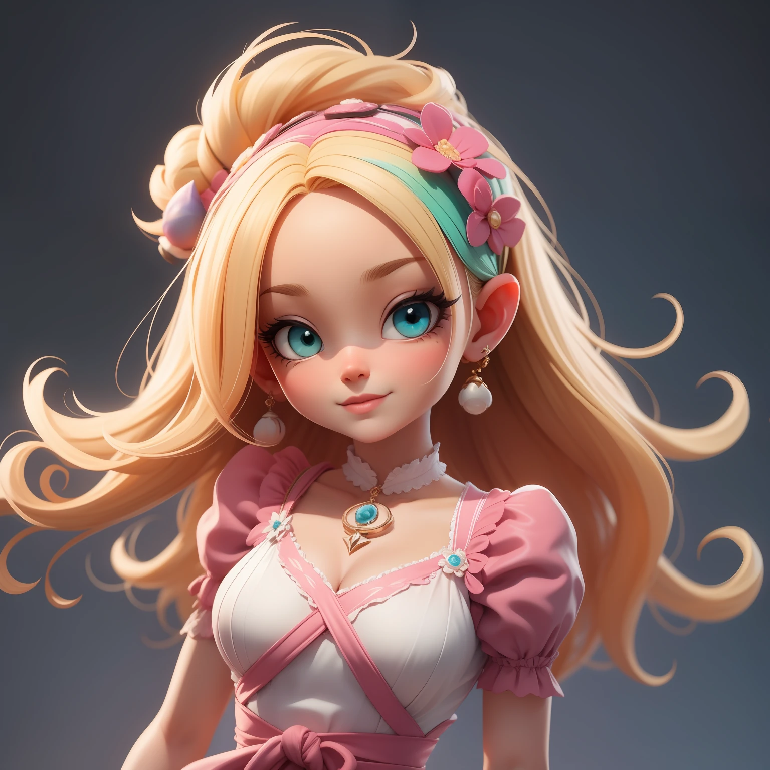 uma garota fofa super bonito, corpo inteiro, Beautiful and stuck hair accessories, Coloridos, olhos delicados, sorrindo, roupas leves e detalhadas, clean background and bright 3D rendering, OC rendering, 8k, Foco suave, fino Glossysuper detalhe --ar 3:6 50 --q 2 --niji 5 --estilo expressivo --s 2