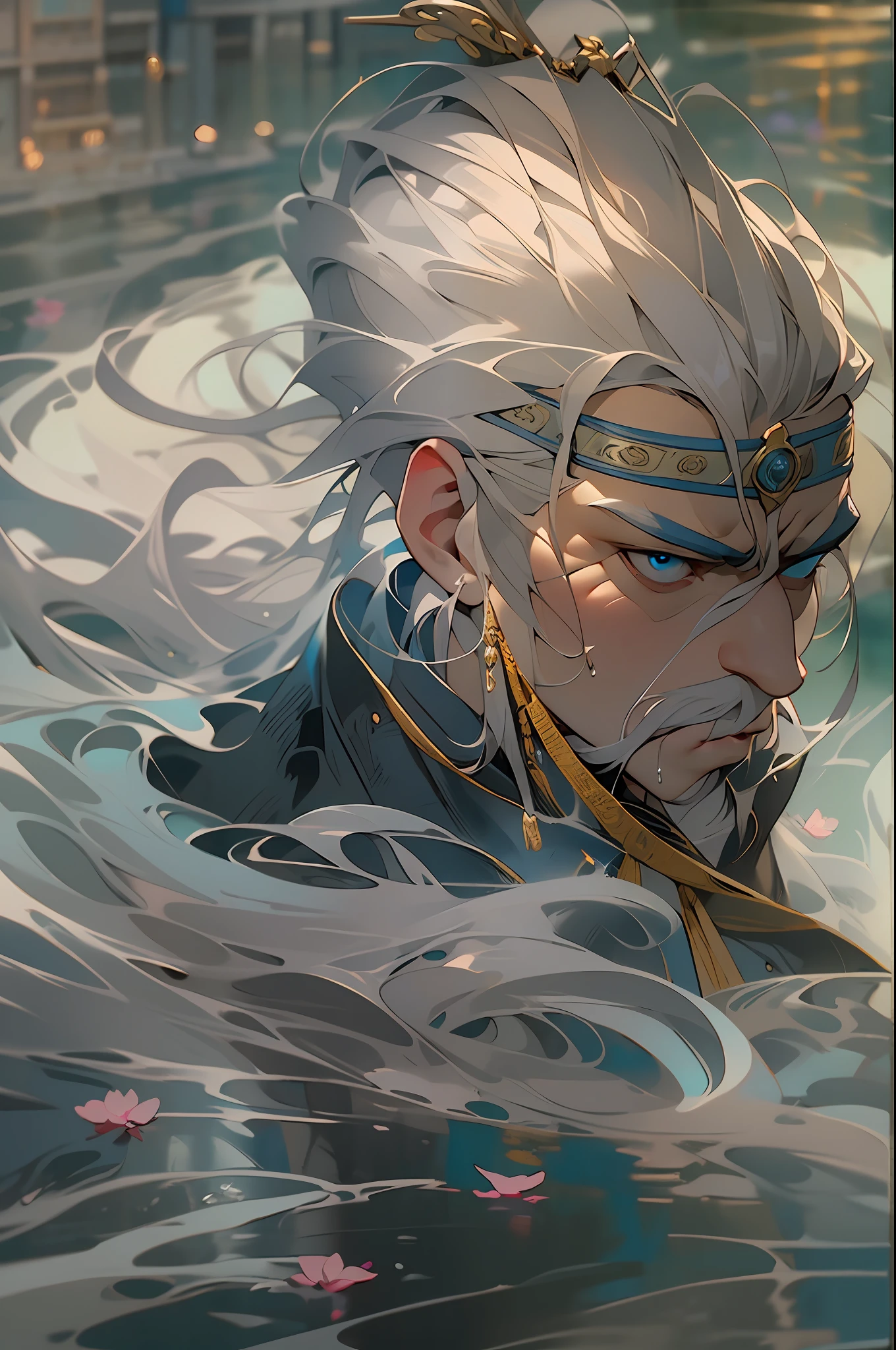masterpiece, best quality, A lonely and melancholic man standing by a wide river in an ancient Tang Dynasty city, his eyes filled with deep despair. He repeatedly jumps into the rushing river, seeking release. The turbulent water splashes, reflecting the sadness on the man's face. The details of the Tang Dynasty city's architecture and streets are vividly depicted, creating an atmosphere of ancient and poignant beauty. Cinematic lens with (complex filed bokeh)