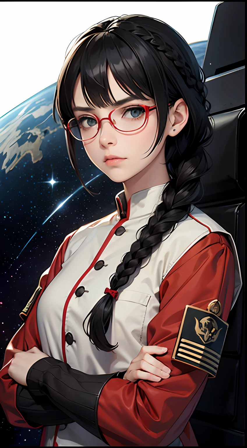 Movie Poster,((Braid Hairstyle : 1.5)),Anime Reference 86 ,Science Fiction,Sci-Fi,Movies,War Action Movies,Space,Atmosphere,Sky,Battleship,Multiple Characters,Women,Adults,Green Eyes,Black Hair,(Pia bangs hairstyle) : 1.8 ),(Red Glasses),General Uniform,White Commander Uniform,Serious Face Frowning,Realistic Face Detail,Realism,3D Face,