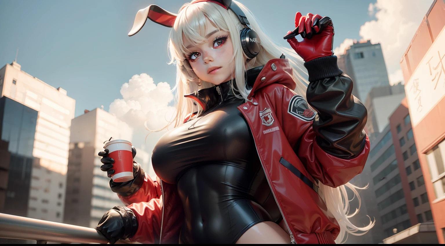 Arms up,By bangs,Be red in the face,Tights,nedium breasts,rabbit pose,Clothes writing,Cover the navel,cowboy lens,Cropped jacket,fakeanimalears,mitts,exteriors,Morning,yuki,hair intakes,Earphone,Impossible tights,Impossible clothes,jaket,huge tit,latex,latex body suit,long whitr hair,looking at viewert,Colorful hands, tight-fitting, ssmile, Thigh crevices, long whitr hair
