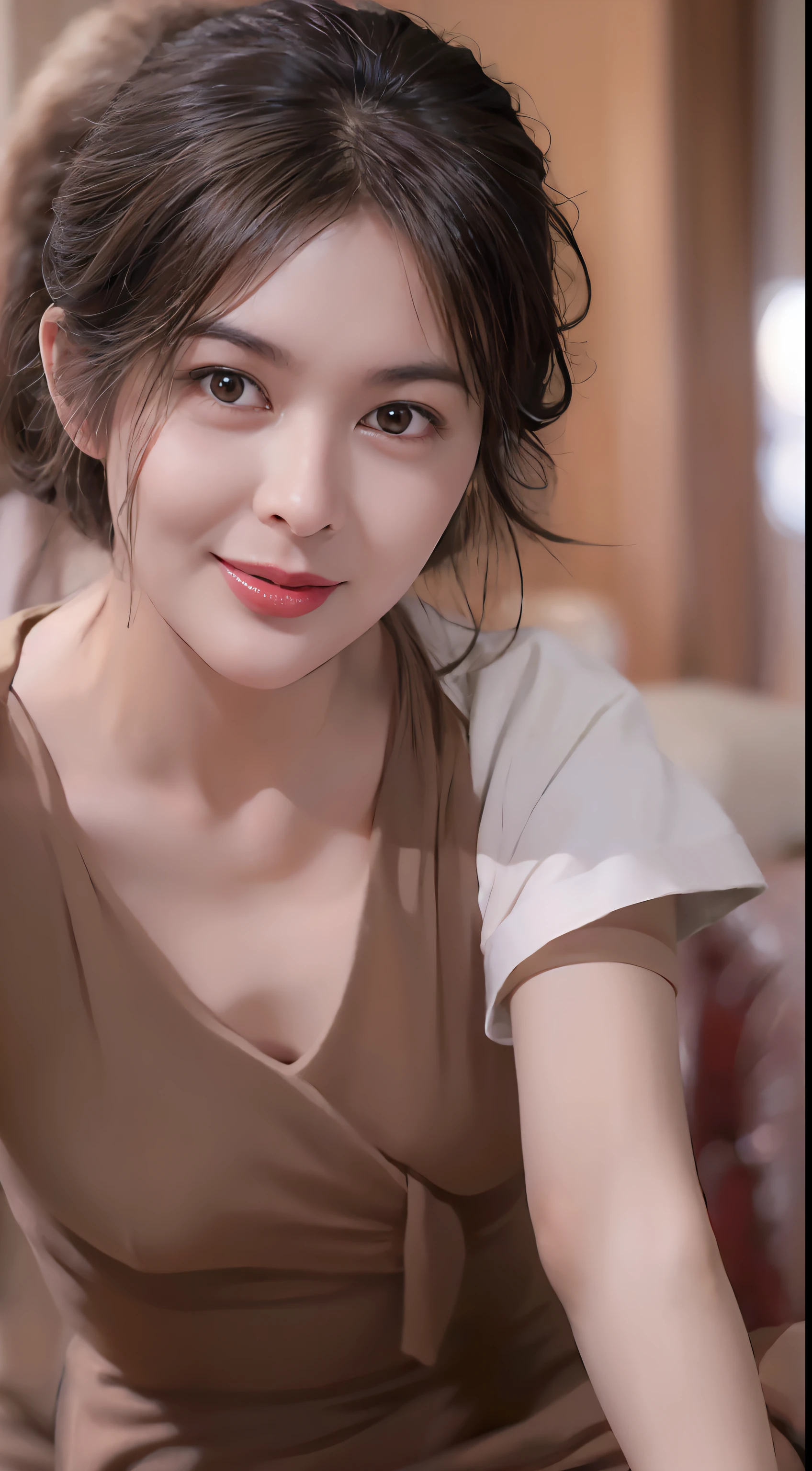 masterpiece, ultra detailed, best quality, raw phot, (photorealistic:1.1), insanely detailed, 1girl, beautiful, smile, small breasts, brown midi detailed hair,  (brown eyes), pale skin, from front, soft light, depth of field ,