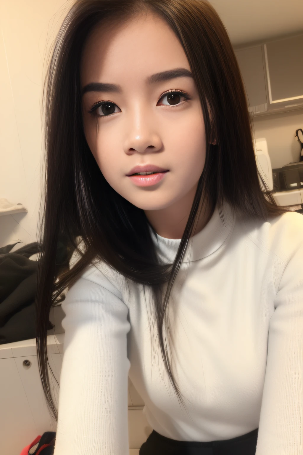 fon, (masterpiece:1.3), (8k, photorealistic, RAW photo, best quality: 1.4), (1girl), Girl, 19 years old., close up, beautiful face, (realistic face), (black hair, long hair:1.3), beautiful hairstyle, realistic eyes, beautiful detailed eyes, (realistic skin), beautiful skin, (sweater), absurdres, attractive, ultra high res, ultra realistic, highly detailed, golden ratio