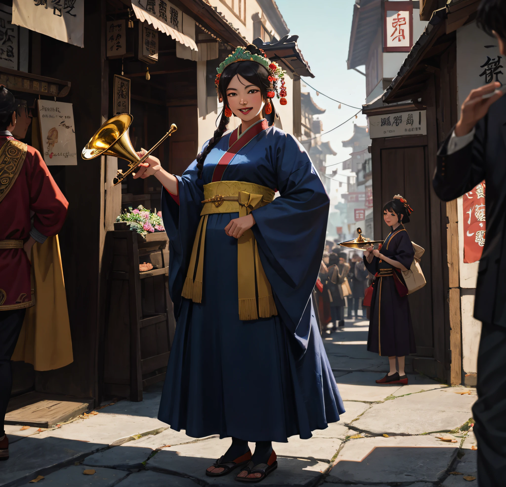 Masterpiece, of the highest quality. In the Tang Dynasty, there stood a plump woman by the roadside, her hands forming a trumpet shape near her mouth, conveying a message. She was dressed in splendid Tang Dynasty attire, with a kind and smiling face. The surrounding crowd was bustling, and the ancient buildings created a quaint and vibrant atmosphere, as if captured through a cinematic lens with a complex background blur effect