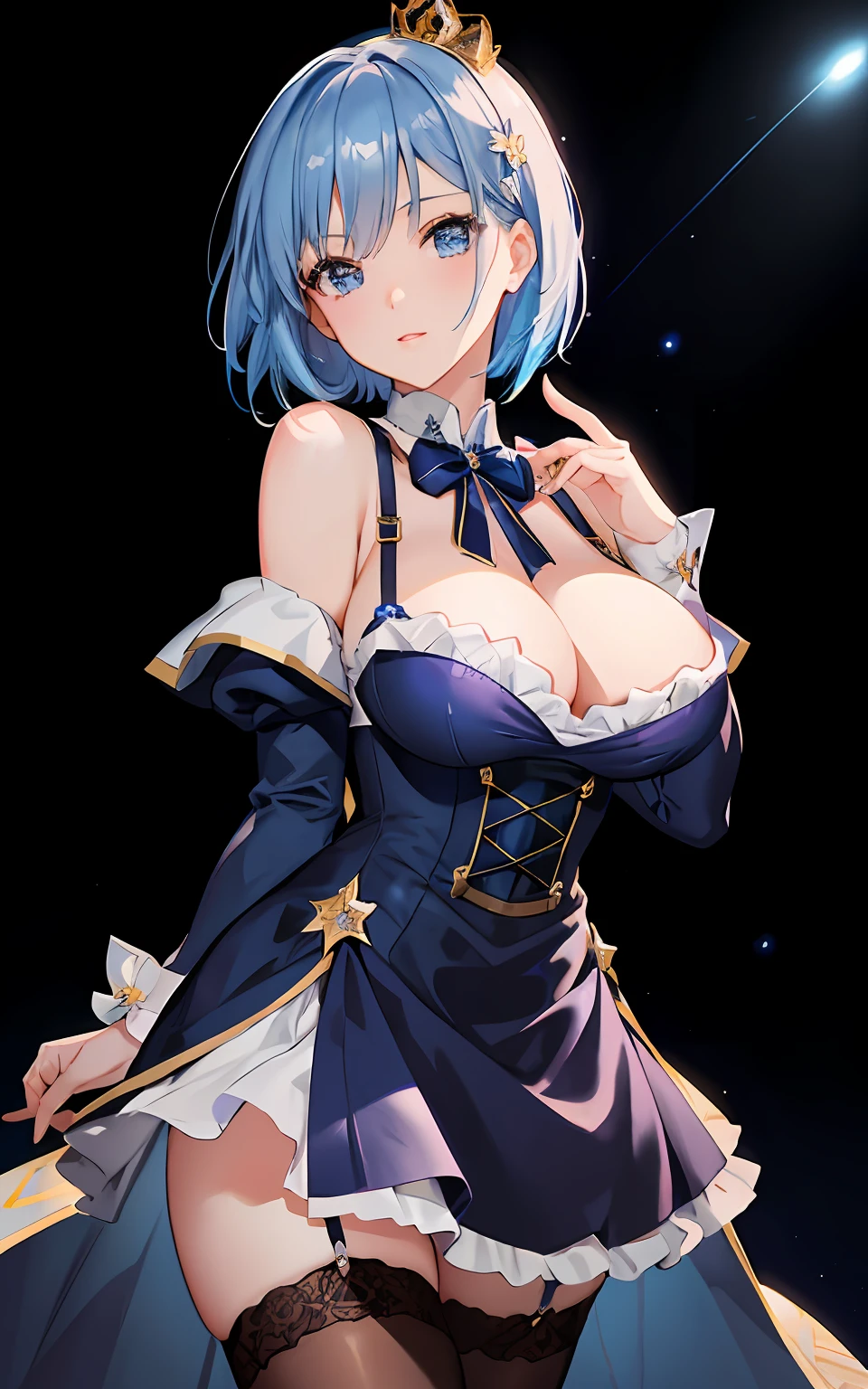 Beautiful girl of 27 years old， tmasterpiece， Best quality at best， 8K Animation， detailed finger， precise fingers， Unnatural hands， illustratio， 1 rapariga， 独奏， Light blue Bob cut， gold crown， flower hair ornaments， Sagging eyes， Purple miniskirt， Yui，lightblue hair，Carrying a dark blue shotgun on his shoulder，mature，busty figure，Deep starry sky，Large of breast,Large of breast,Large of breast，magical  girl，Gorgeous Lolita，White suspender stockings，Long white silk gloves，Fingers open，Blue high heels