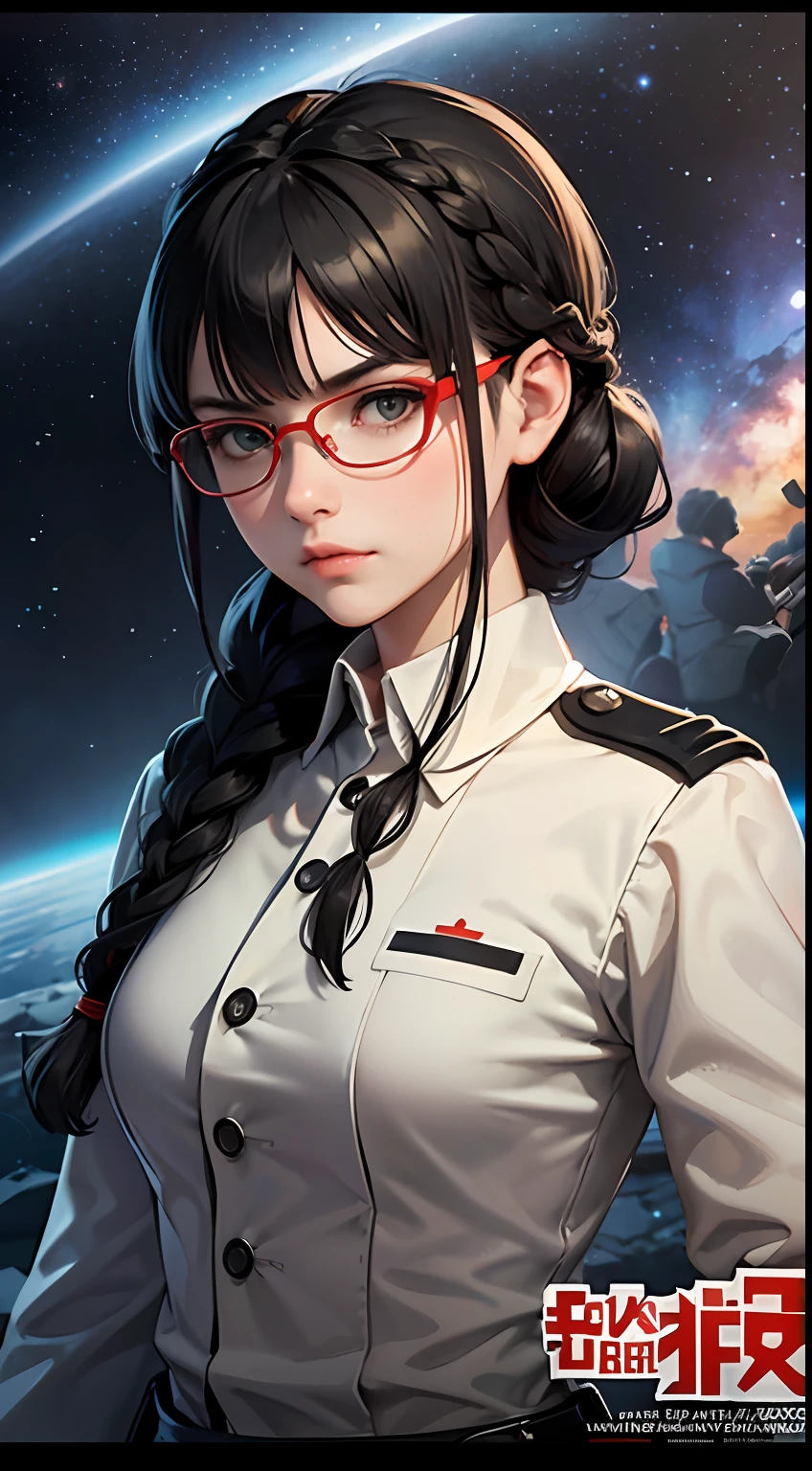 Movie Poster,((Braid Hairstyle : 1.5)),Anime Reference 86 ,Science Fiction,Sci-Fi,Movies,War Action Movies,Space,Atmosphere,Sky,Battleship,Multiple Characters,Women,Adults,Green Eyes,Black Hair,(Pia bangs hairstyle) : 1.8 ),(Red Glasses),General Uniform,White Commander Uniform,Serious Face Frowning,Realistic Face Detail,Realism,3D Face,