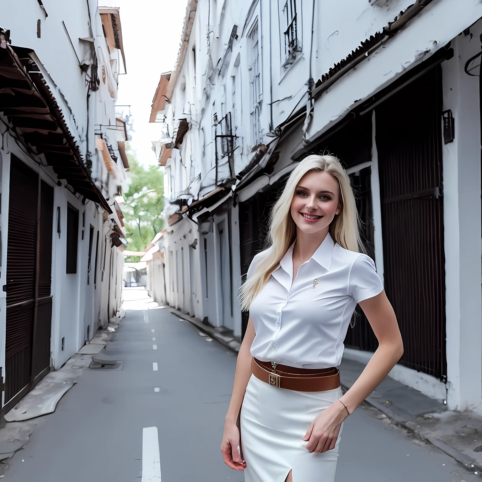 8k, stunning quality, high resolution, photo, 1 girl, (young beautiful photogenic russian queen: 1.5), (sexy pose), natural breast, (laugh smile:0.6),  pencil skirt, white shirt short sleeves, belt,  (thai alley background), light skin complexion, natural light, sharp focus, good aesthetic, leica q2,