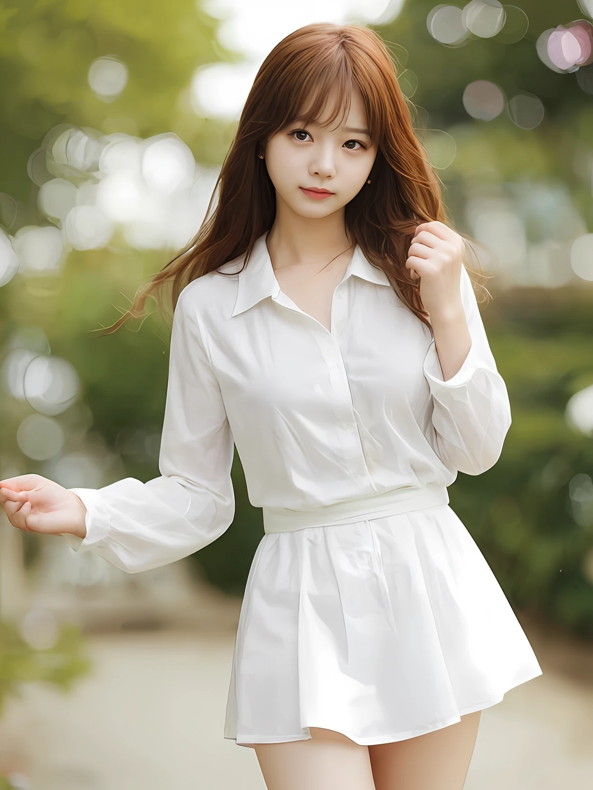 Realistic pictures of cute girls、White blouses、a miniskirt、Panchira、Bokeh