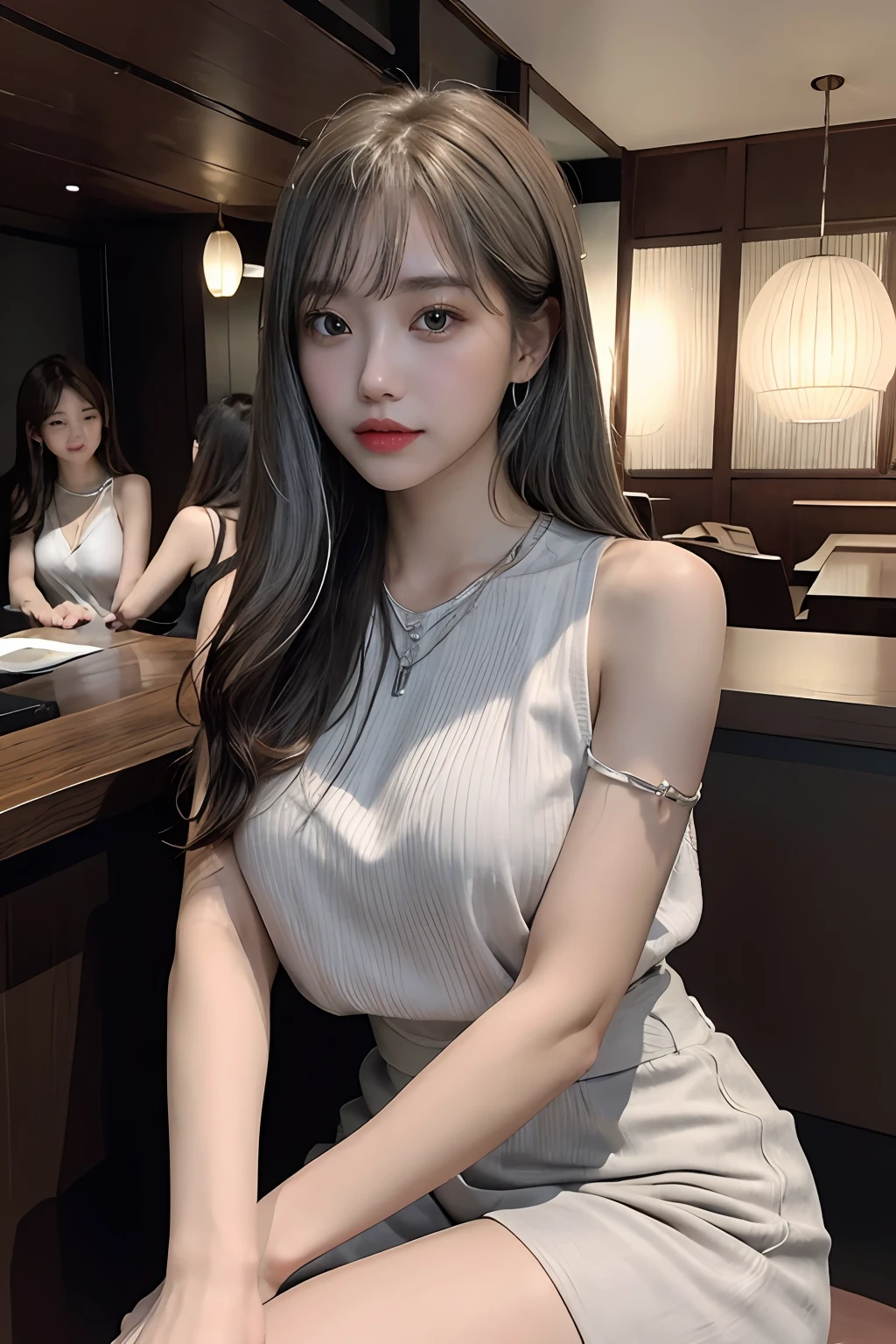 ((3女の子:1.3)),Light Brown Fringe Hair、disheveled hair、Light brown eyes、(dignified expression)、((Casual summer clothes、No shoulder、Sleeveless))、(爆乳:1.4)、Emphasize the valley、(Photorealsitic)、(intricate detailes:1.2)、(masterpiece、:1.3)、(top-quality:1.4)、(超A high resolution:1.2)、超A high resolution、(A detailed eye)、(detailed facial features)、((Silver necklace))、Sitting on a chair in a luxury night bar、Emphasis on the thighs、beauty legs