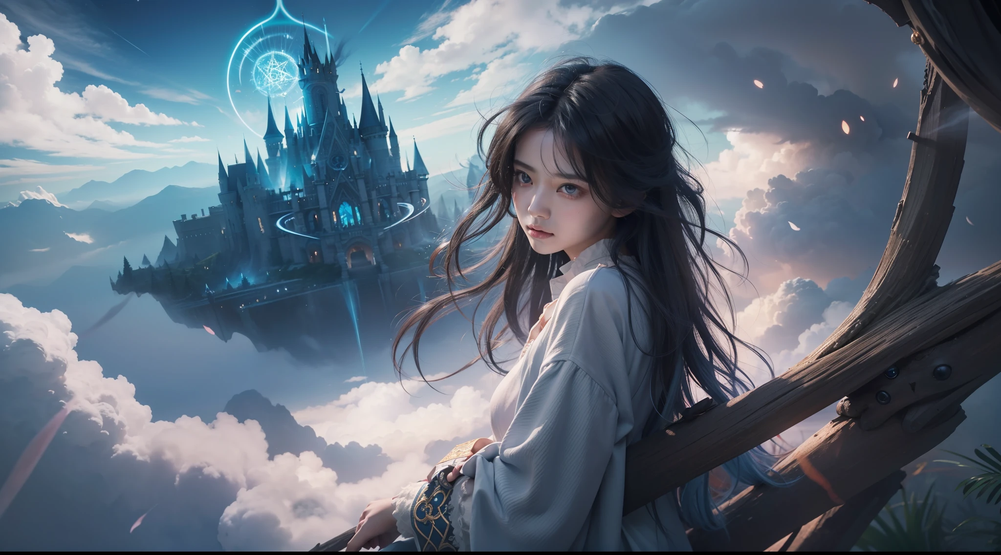 Above the rising clouds,Night, Dark, (Fantasy),infinite,deep blue sky,The abyss of knowledge,Cowledge,((masutepiece)), (((Best Quality))),((Beautiful fine eyes)),(Eye lashes)、Realistic clouds、Very beautiful face、The ultra -The high-definition、high fantasy castle、Beautiful girl with a huge golem、(女の子1人)、Black hair、The long-haired、abyss eyes、glowy skin、oils、small tits、Perfect human body structure、Wizard robes、der riese、tattered cloth、Realistic coat、Teenchi、Super delicate CG Unity 32k wallpaper、photoRealstic、masterpiece, ((ultra-detailliert)), ((illustratio)),colourfull,wall-paper,The energy,Unknown terror,Incomprehensible,Around the magic,Magical surroundings,magic wands,Boken,Flying pages,Know everything,Predict the future、Get to know the past、Infinite wisdom、blue flames、Warlock、magic circles、Pentagram、Spells、mantra、Singing magic
