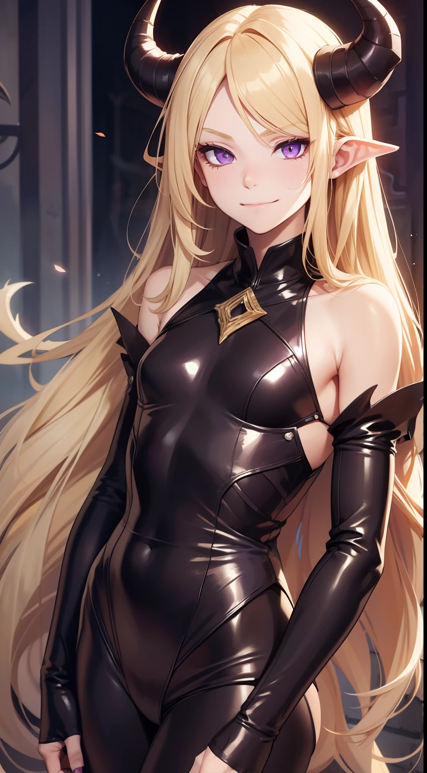 young boy, very long blonde hair, horns demon, violet eyes, Demon slaves, open shoulders, smirk, Masterpiece, hiquality