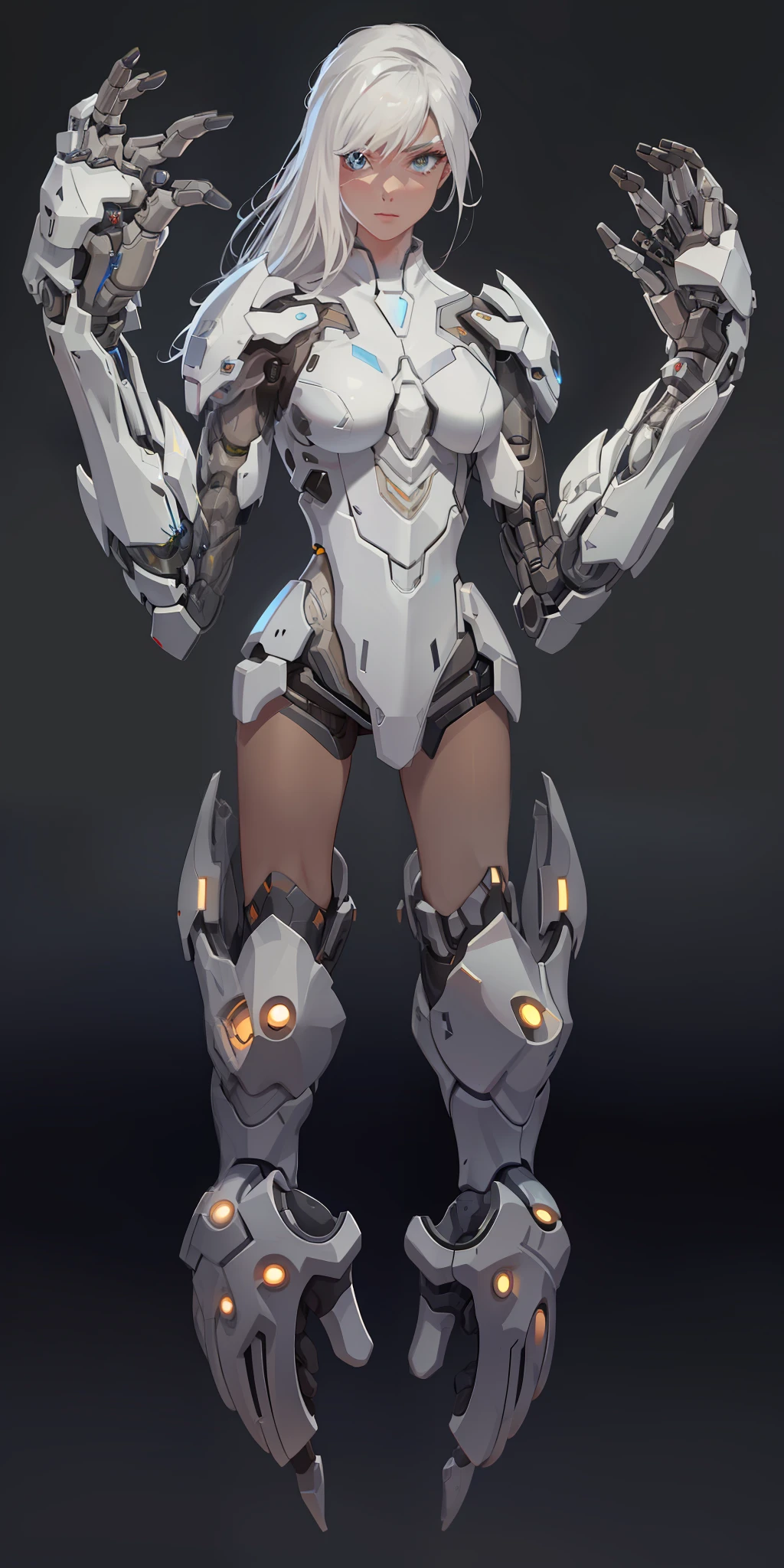 Close-up of a woman in a futuristic suit,The arm is a robotic arm, female mecha, girl in mecha cyber armor, ferra white mecha, in white futuristic armor, echo from overwatch, white biomechanical details, Mecha suit, sci fi female character, detailed full-body concept, sci - fi character, Mecha Inspiration