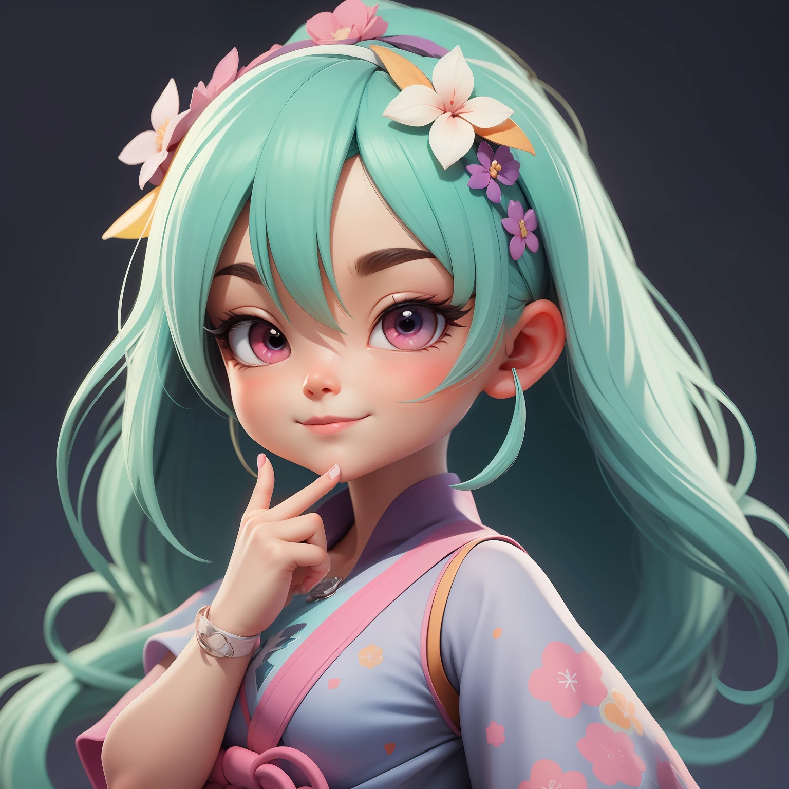 uma garota japonesa fofa super bonito, corpo inteiro, Hair Accessories, presos, Coloridos, olhos delicados, sorrindo, roupas jovens e detalhadas, clean background and bright 3D rendering, OC rendering, 8k, Foco suave, fino Glossysuper detalhe --ar 3:6 50 --q 2 --niji 5 --estilo expressivo --s 2