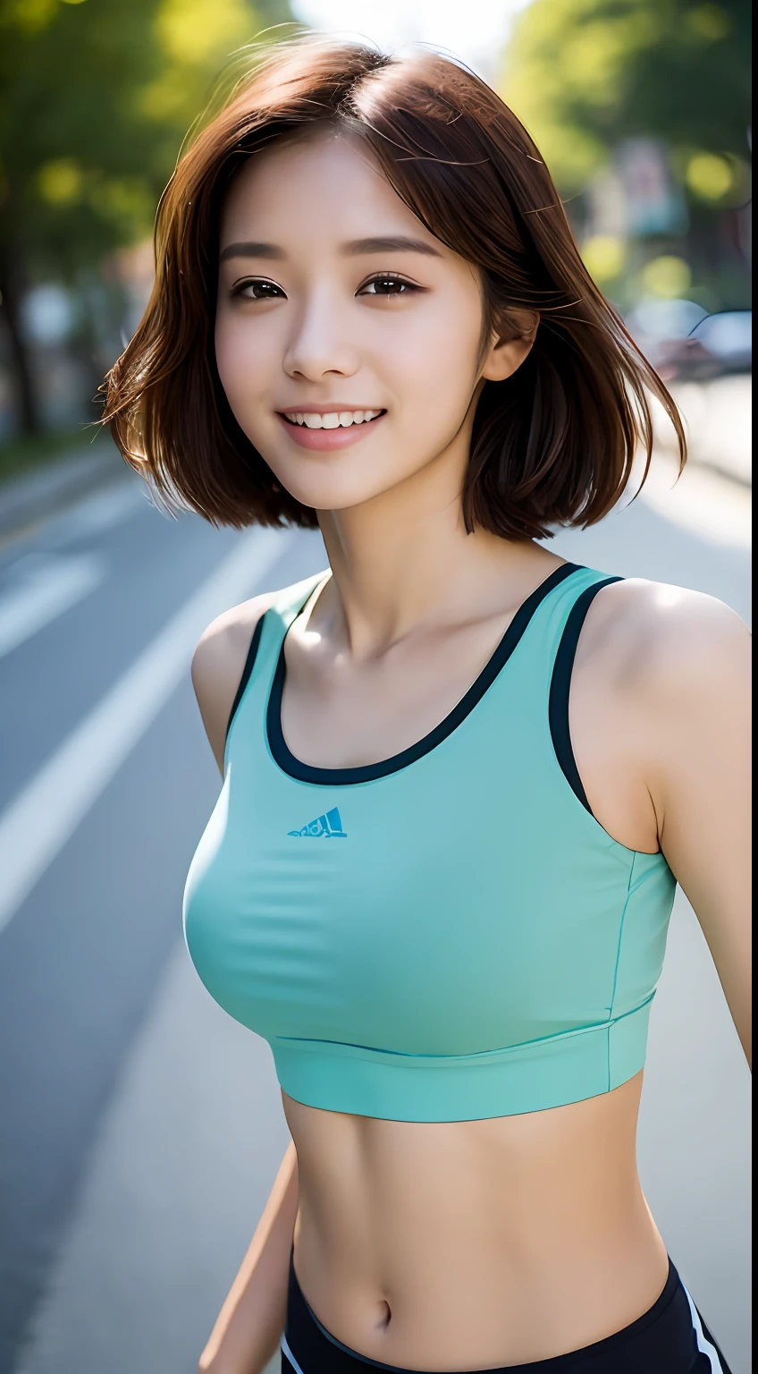 ((Top Quality, 8k, Masterpiece: 1.3)), Sharp Focus: 1.2, Perfect Body Shape Pretty Woman: 1.4, Slender Abs: 1.2, (Layered Haircut, Big: 1.8), (Sports Bra: 2.0), (Jogging: 1.8), (Street: 1.2), Highly Detailed Face and Skin Texture, Detailed Eyes, Double Eyelids, Smile, Bokeh,