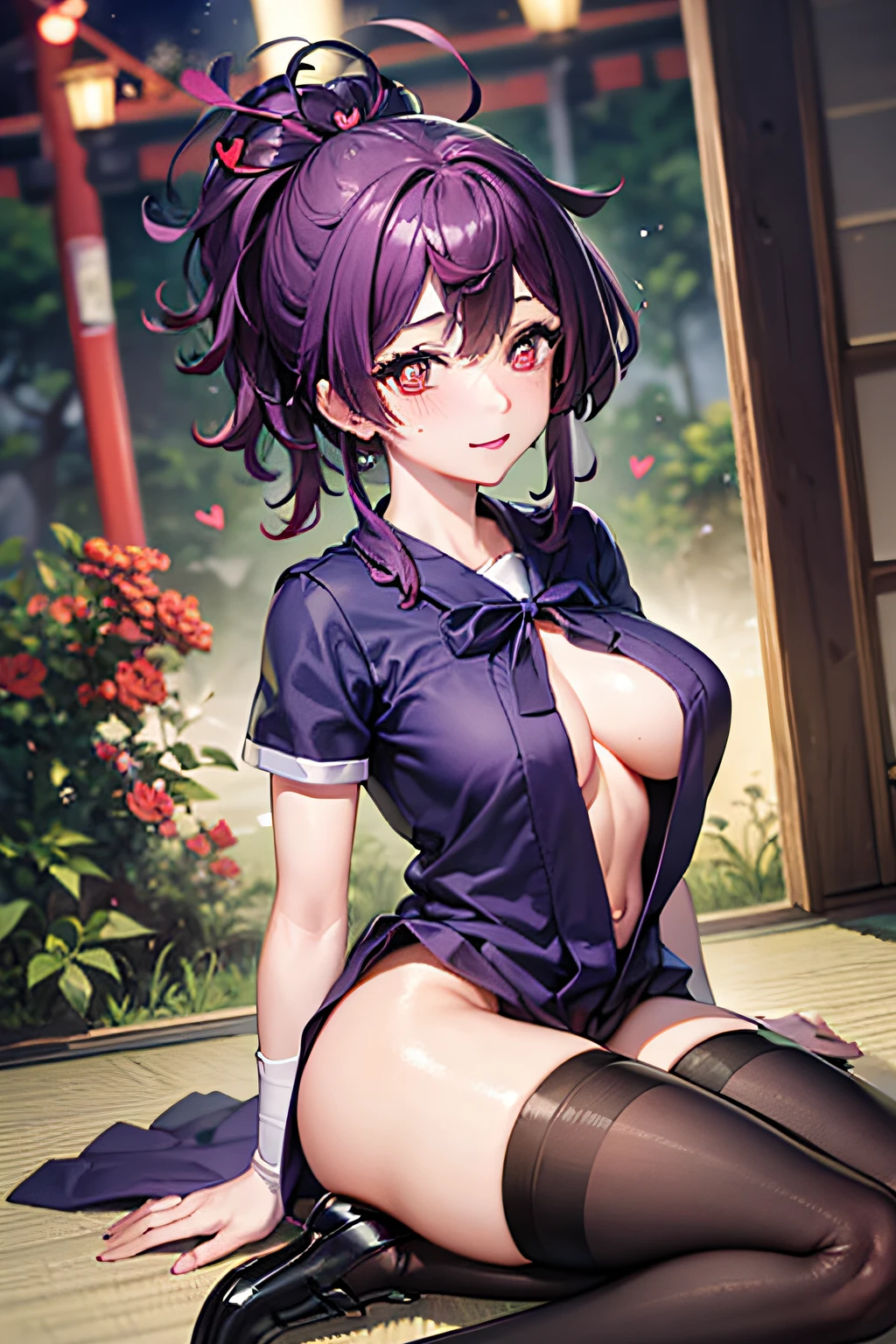 best qualityer,tmasterpiece,(tilt:1.4),
1girll, yuzuriha_(jigokuraku), Purple hair big breasts, with brown eye, ninjartist, Open clothes,, JK school uniform, adolable, (Speaking heart:1.4)(Be red in the face:1.1), heart - shaped pupils,full face blush,steamy,sweat leggs,Japanese exterior, Temple,bandagens,the night,
