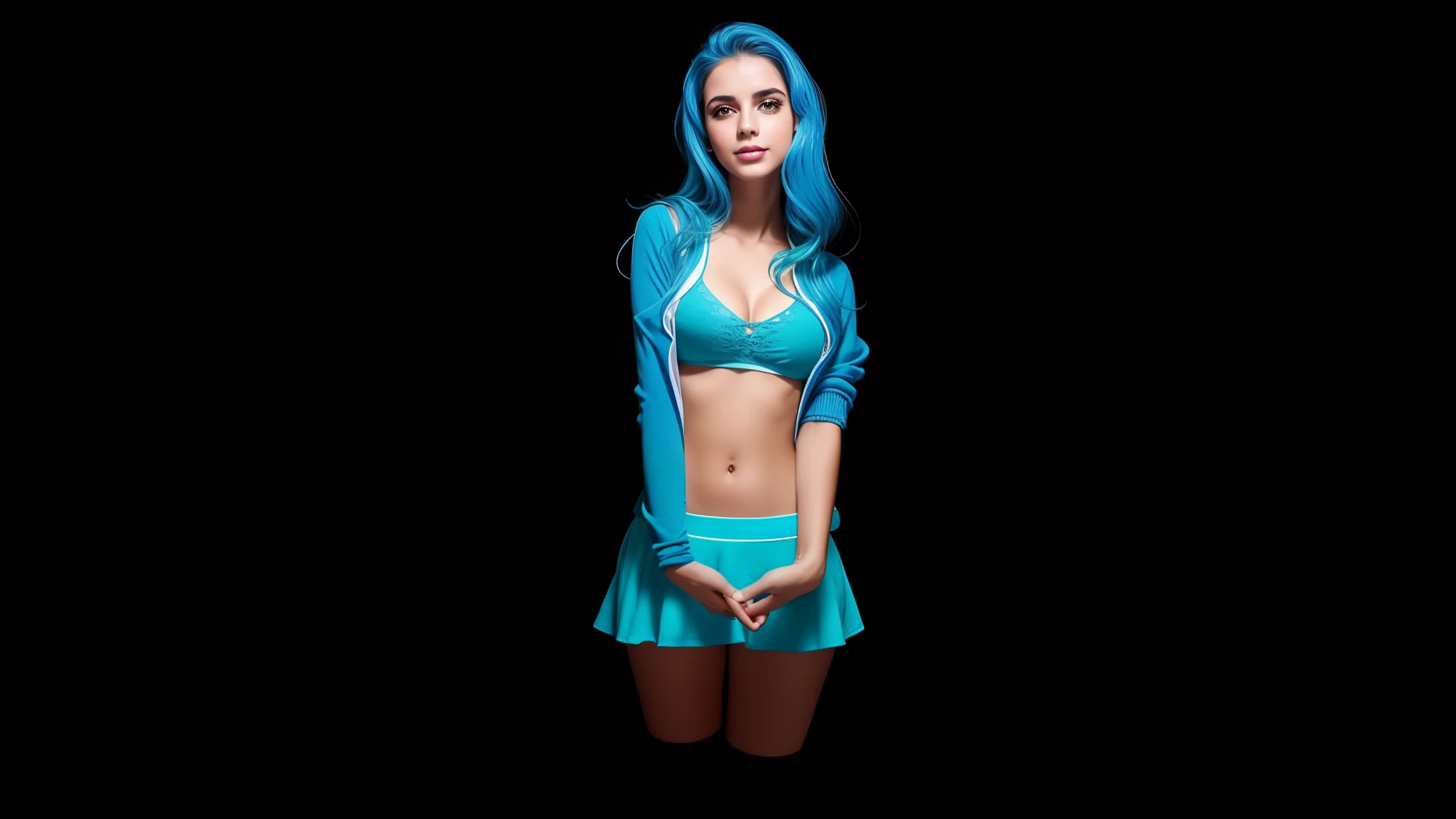 Mulher jovem, cabelos pretos, bonita, Fine-drawn face, olhos azuis, rosy lips, Sardas, freckles, middlebreasts, seios nus, coxas grossas, cintura estreita, usando blusa azul, blusa decotada, saia curta plissada, mini skirt, meias brancas acima dos joelhos, ambiente claro e bem iluminado, luz suave