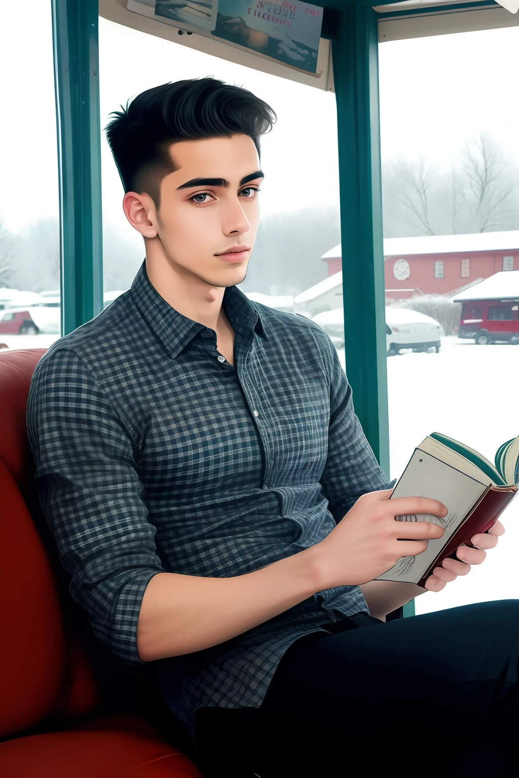 (Raw, masterpiece:
1.4), (realistic, photo-realistic : 1), 1 young man, reading a book, background is a nice coffeehouse, ultra detailed, upper body, portrait, nice, handsome young man, shaved face, snow on the outside, middle eastern, light skin, slim body, very detailed face, 24 years old, eyes on the book, no glasses, checked shirt, no chains, straight hair, a winter day.