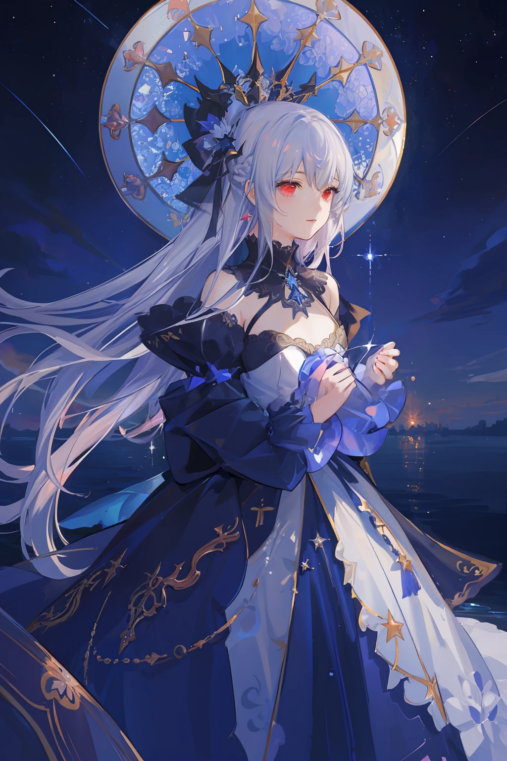 {{masutepiece}}, {{Best Quality}}, {{Illustration}}, Extremely detailed,Style Girl, longshot, tiny chest,Light gray berries_long_hair, SF Hair Ornament, beautiful detailed deep eyes, Beautiful detailed sky, beautiful detailed water, Cinematic lighting, Dramatic Angle, {very long sleeves}, frilld, Formal, close to viewer, {extremely delicate and beautiful},Best Quality,hight resolution,Official art,the Extremely Detailed CG Unity 8K Wallpapers, {{Starry sky}}, Star River,Star alignment, holy, noble, {{Oil Painting}} , {{Wallpaper 8k CG}}, {Realistic}, Concept art, Change blue and red and orange and pink hard lights, intricate light, Dynamic Hair, haircut, dynamic fuzziness, Beautiful and aesthetic, intricate light, Manga and anime,Red Eyes, (silber hair), Blue Goth Loli Clothes
