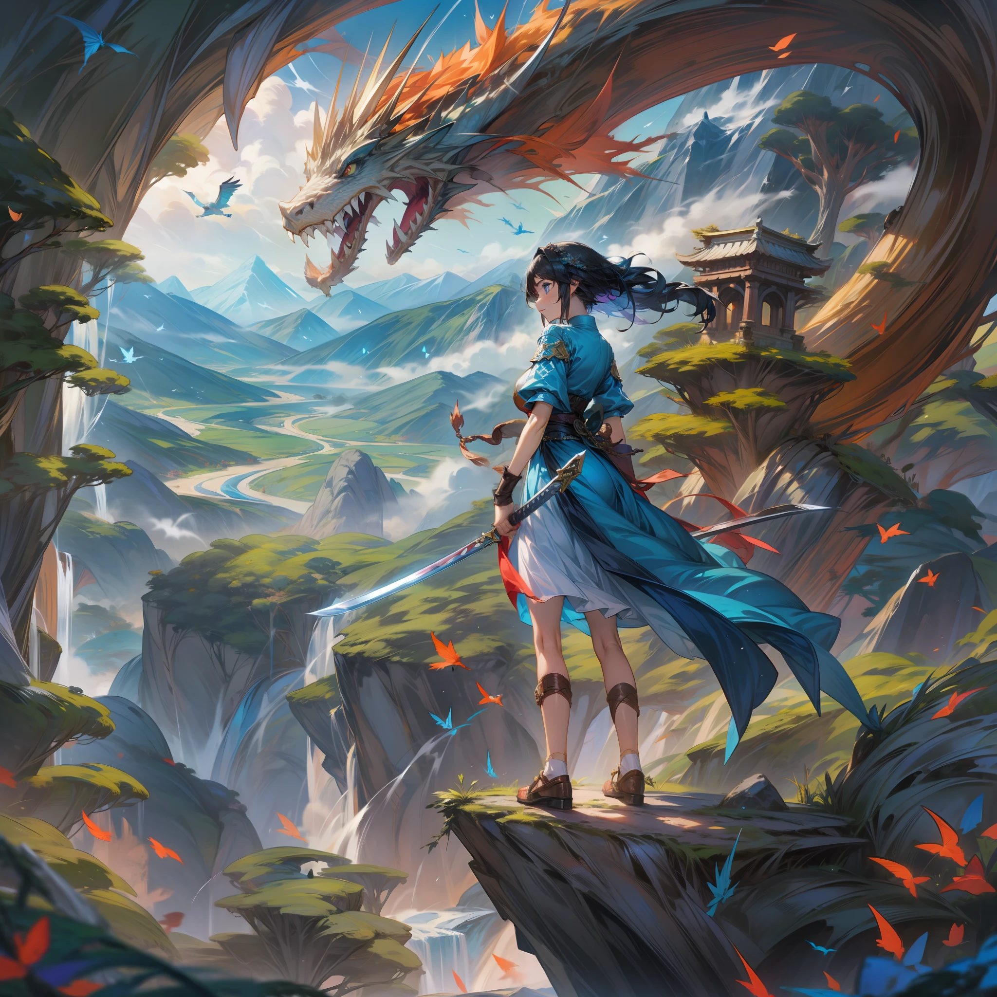 The subject is、Drawn in 8K resolution、I'm a short cut young woman with black hair。Her eyes have a colorful inner color、Sparkling blue。She is dressed brightly.、I have a sword in my hand。

Where she stands、It is a fantasy world where ancient stone monuments and plants and trees intersect.。Dragons fly high in the sky、In the distance rises a mysterious tower。A majestic mountain range spreads out in the background、Vast landscapes foreshadow her adventures。

Although her posture is fixed、Its expression shows strength and determination。glint in her eye、The sword in its hand、And the magnificent scenery that spreads out behind it、Heralding the start of her adventure。

8K resolution、Her vivid outfit、The blade of her clenched sword、Details of the stele、Flying dragon scales、And the vast landscape is all painted in detail.。This is、It's a moment that beautifully captures her epic adventures in a fantasy world。