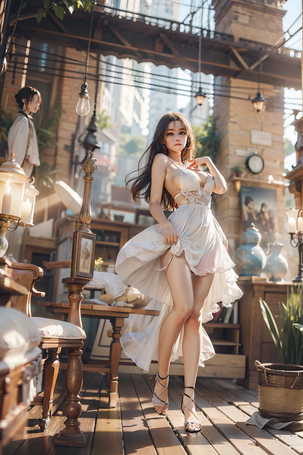 (masterpiece), (best quality), 1girl, beautiful girl, perfect face, perfect body, slip dress, low-cut dress, big breast, sexy, sunny, stand, posing