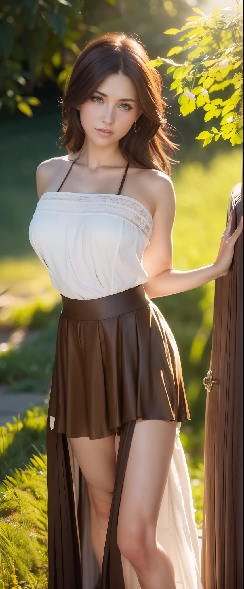 Photo, (Sharp focus:1.2), Attractive young woman, (Beautiful face:1.1), Detailed eyes, (Smile:0.7), (bodyfreckles:0.9), (Medium breasts:0.8), (Toned body:1.2), Shiny (Brown hair:1.1), Wearing (sun skirt:1.2). Depth of field. 4K, hdr. By (James S. Christensen:1.2|JeremyLipking:1.1).