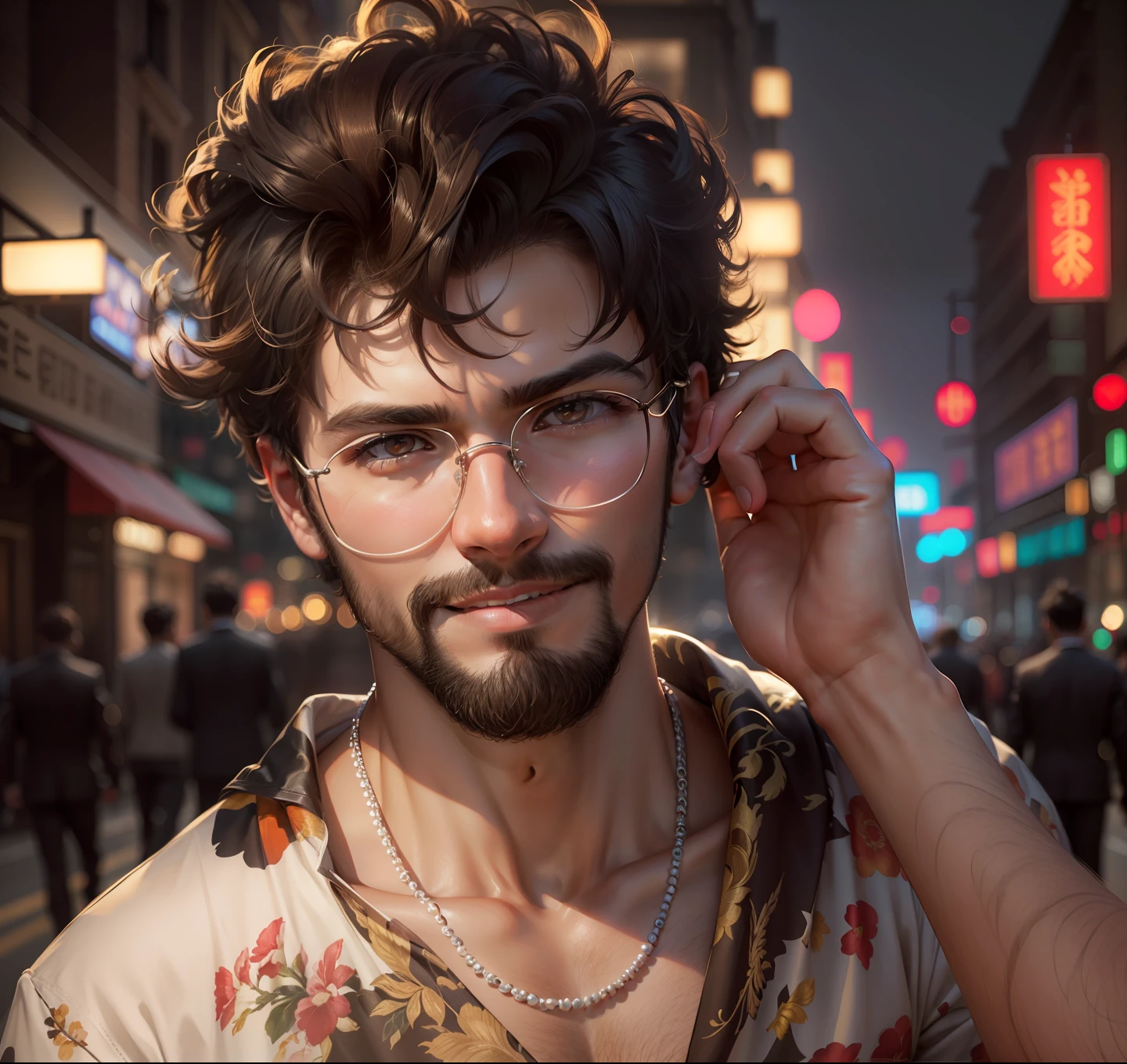 masterpiece, best quality, highres, ultra high res,real, photorealistic,Young man,Handsome face,evening,natural lighting,looking at viewer,outdoor,full body,smile,round face,short hair,details eyes,Shanghai city street,Nightscape
