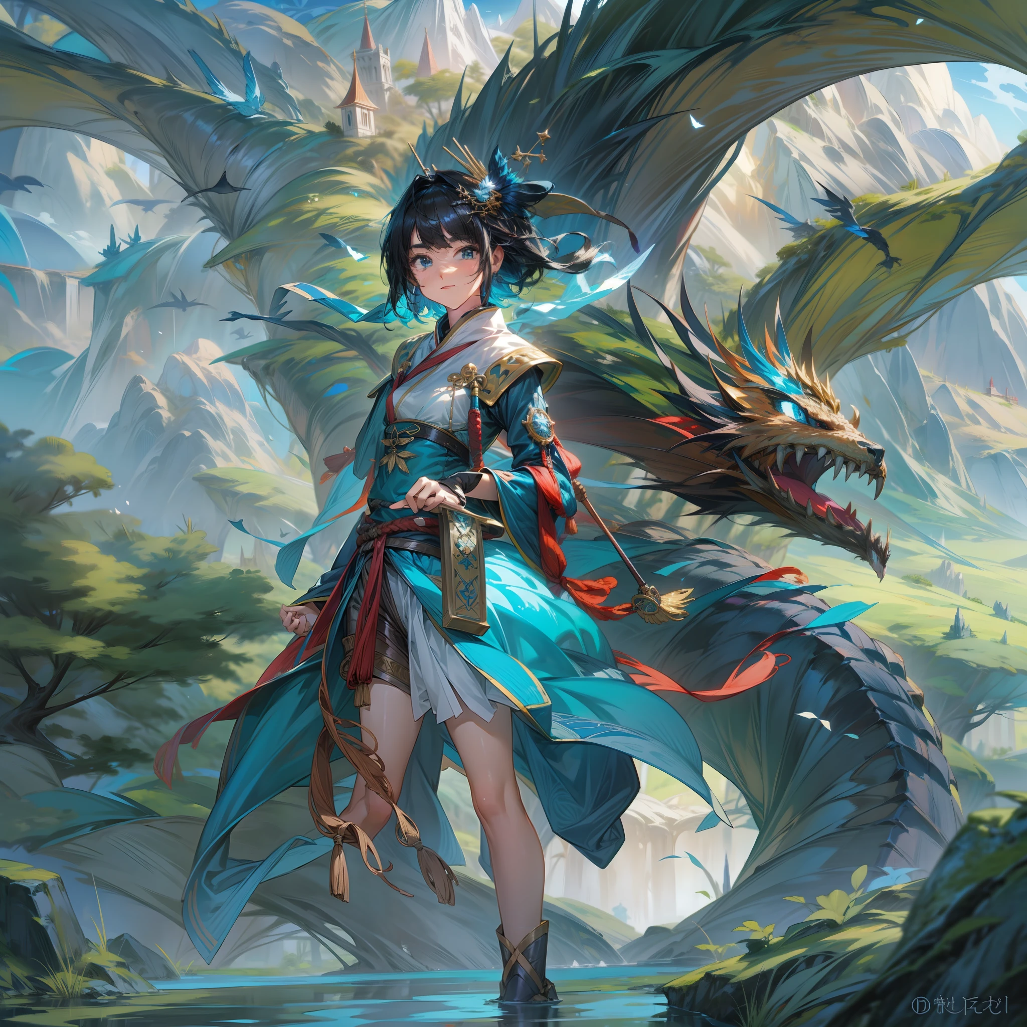 The subject is、Drawn in 8K resolution、I'm a short cut young woman with black hair。Her eyes have a colorful inner color、Sparkling blue。She is dressed brightly.、I have a sword in my hand。
Where she stands、It is a fantasy world where ancient stone monuments and plants and trees intersect.。Dragons fly high in the sky、In the distance rises a mysterious tower。A majestic mountain range spreads out in the background、Vast landscapes foreshadow her adventures。
Although her posture is fixed、Its expression shows strength and determination。glint in her eye、The sword in its hand、And the magnificent scenery that spreads out behind it、Heralding the start of her adventure。
8K resolution、Her vivid outfit、The blade of her clenched sword、Details of the stele、Flying dragon scales、And the vast landscape is all painted in detail.。This is、It's a moment that beautifully captures her epic adventures in a fantasy world。