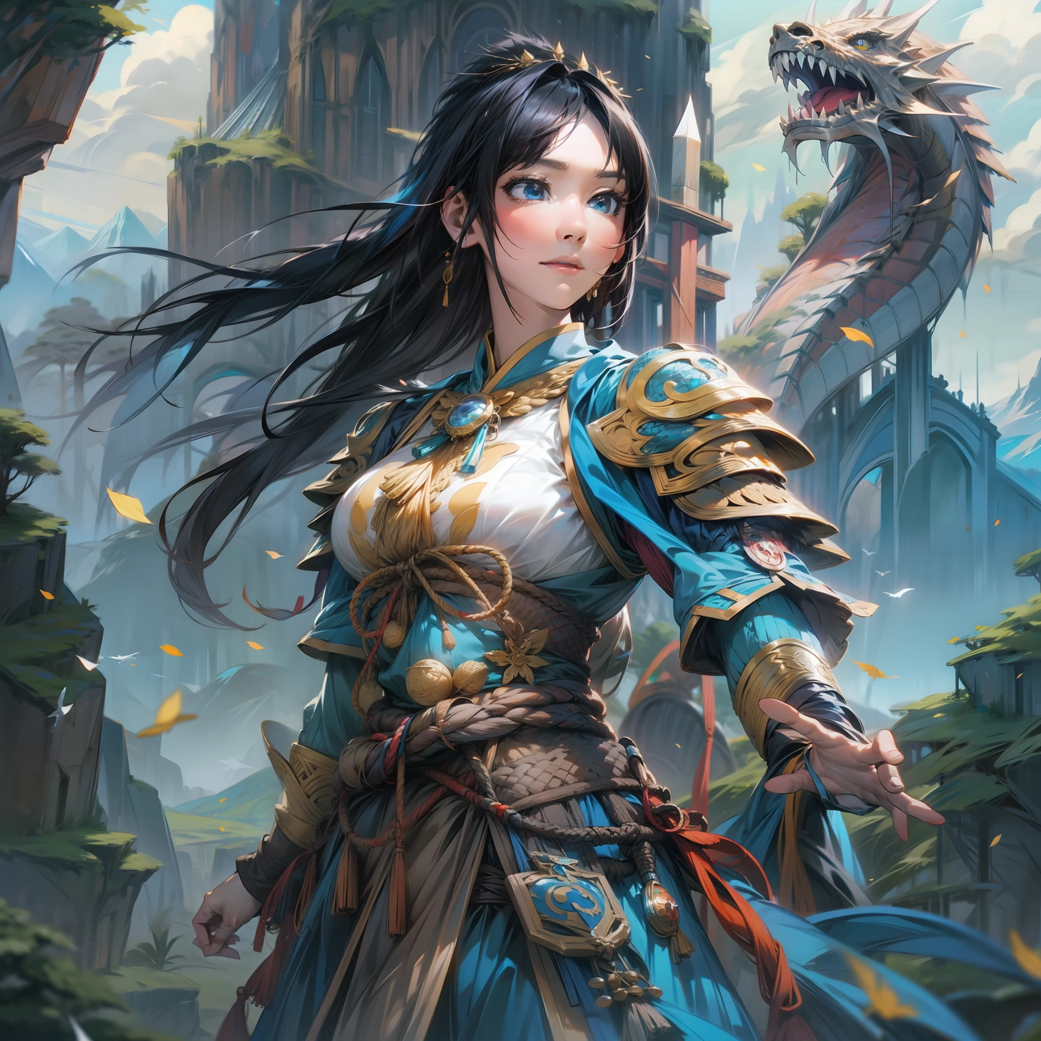 The subject is、Drawn in 8K resolution、I'm a short cut young woman with black hair。Her eyes have a colorful inner color、Sparkling blue。She is dressed brightly.、I have a sword in my hand。
Where she stands、It is a fantasy world where ancient stone monuments and plants and trees intersect.。Dragons fly high in the sky、In the distance rises a mysterious tower。A majestic mountain range spreads out in the background、Vast landscapes foreshadow her adventures。
Although her posture is fixed、Its expression shows strength and determination。glint in her eye、The sword in its hand、And the magnificent scenery that spreads out behind it、Heralding the start of her adventure。
8K resolution、Her vivid outfit、The blade of her clenched sword、Details of the stele、Flying dragon scales、And the vast landscape is all painted in detail.。This is、It's a moment that beautifully captures her epic adventures in a fantasy world。