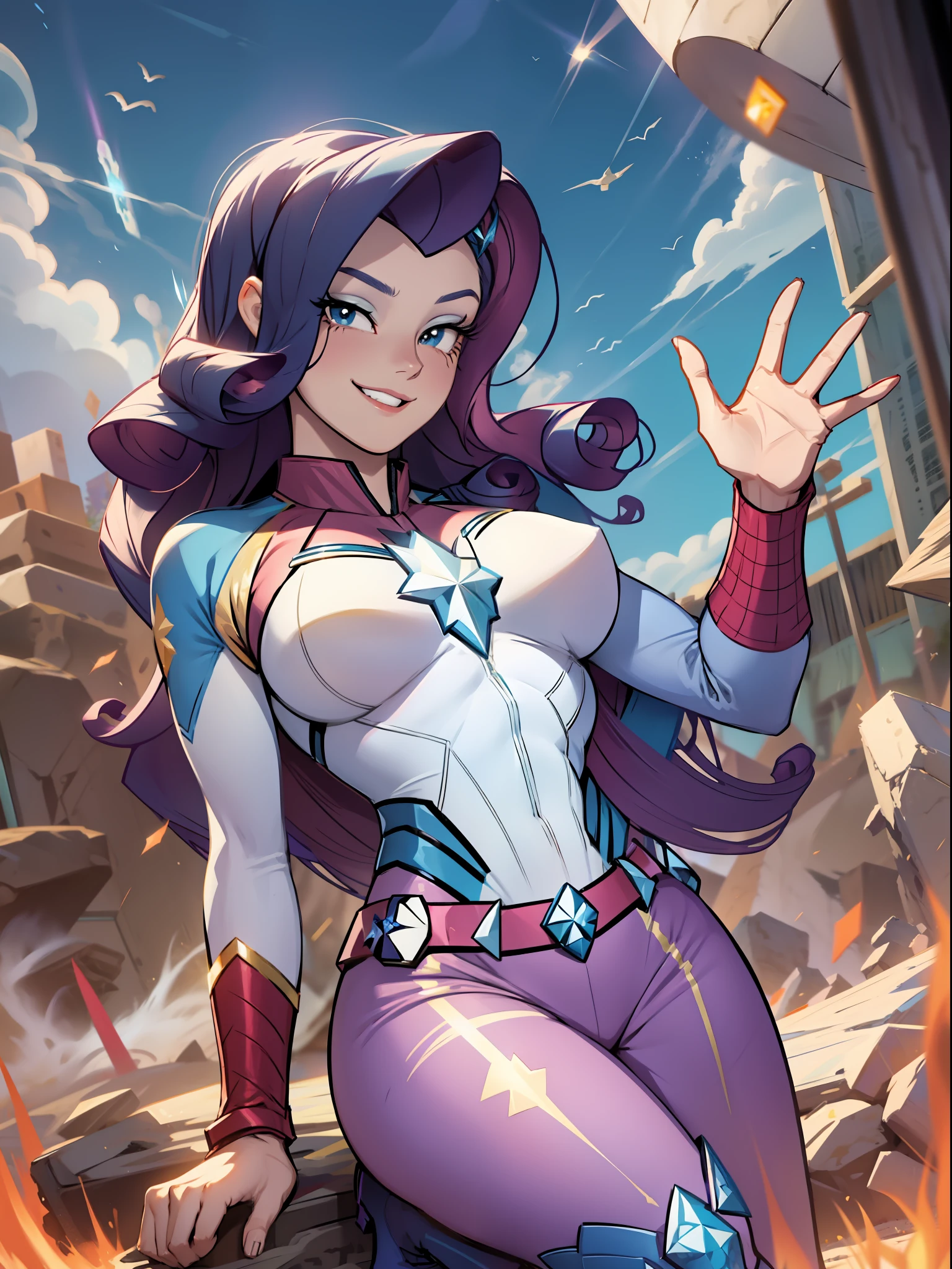 Rarity, Huge-breasts, Lush breasts, Elastic breasts, hairlong, Luxurious hairstyle, In the costume of Captain Marvel, white and blue suit, Elegant boots white, in the sky, superhero, brawn, in full height, Happy, ssmile, Rhinestones and diamonds are everywhere, Magic, from bottom to up view, Superhero pose, Blue Beam Flight, beste-Qualit, Very detailed, 8K quality, in full height