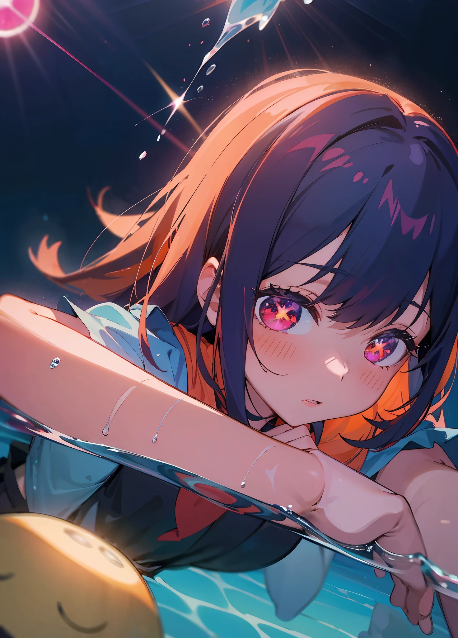 "Hoshino Ruby, the daughter of Hoshino Ai from Oshi no Ko, with orange hair and starry eyes, diving in water. (4k), (Fix bug)."