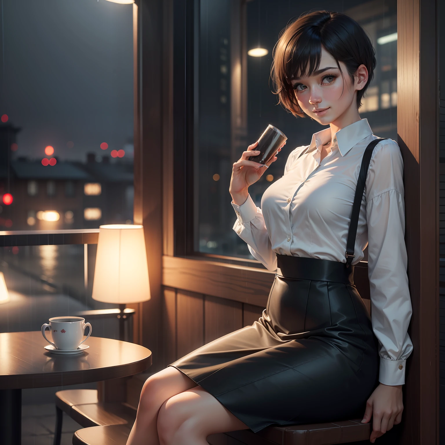 (8k, Best Quality, Masterpiece: 1.2), (Realistic, Realistic: 1.37), Ultra Detailed, 1 Girl, Cute, Solo, Beautiful Detailed Sky, Detailed Cafe, Night, Sitting, Dating, ( red nose), (smile: 1.15), (shut up) small breasts, beautiful and delicate eyes, (collared shirt: 1.1), night, wet, business attire, rain, white lace, (short hair: 1.2), flowing hair NovaFrogStyle,