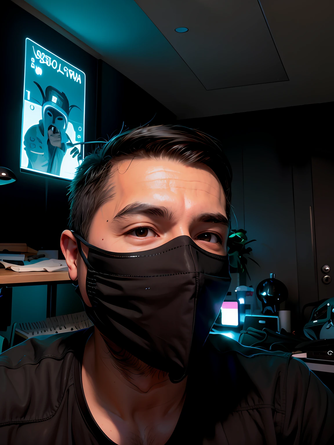The Arafed man in a black mask was in the room, Wearing an all-black door wave mask, wearing face mask, wearing face mask, Wearing a mask, facemask, black facemask, full-face, no face mask, Mask, Black mask, wearing bandit mask, vega mask, surgical mask covering mouth, one single mask, mask off, masks, #overclocking