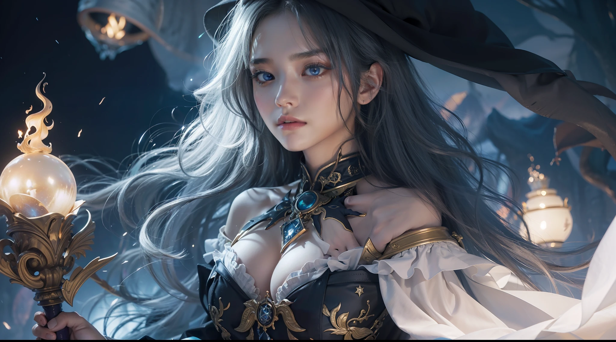 Above the rising clouds,Night, Dark, (Fantasy),infinite,deep blue sky,The abyss of knowledge,Cowledge,((masutepiece)), (((Best Quality))),((Beautiful fine eyes)),(Eye lashes)、Realistic clouds、Very beautiful face、The ultra -The high-definition、high fantasy castle、Beautiful girl with a huge golem、(1人)、Black hair、The long-haired、abyss eyes、glowy skin、oils、small tits、Perfect human body structure、Wizard robes、der riese、tattered cloth、Realistic coat、Tee、Super delicate CG Unity 32k wallpaper、photoRealstic、masterpiece, ((ultra-detailliert)), ((illustratio)),colourfull,wall-paper,The energy,Unknown terror,Incomprehensible,Around the magic,Magical surroundings,magic wands,Boken,Flying pages,Know everything,Predict the future、Get to know the past、Infinite wisdom、blue flames、Warlock、magic circles、Pentagram、Spells、mantra、Singing magic