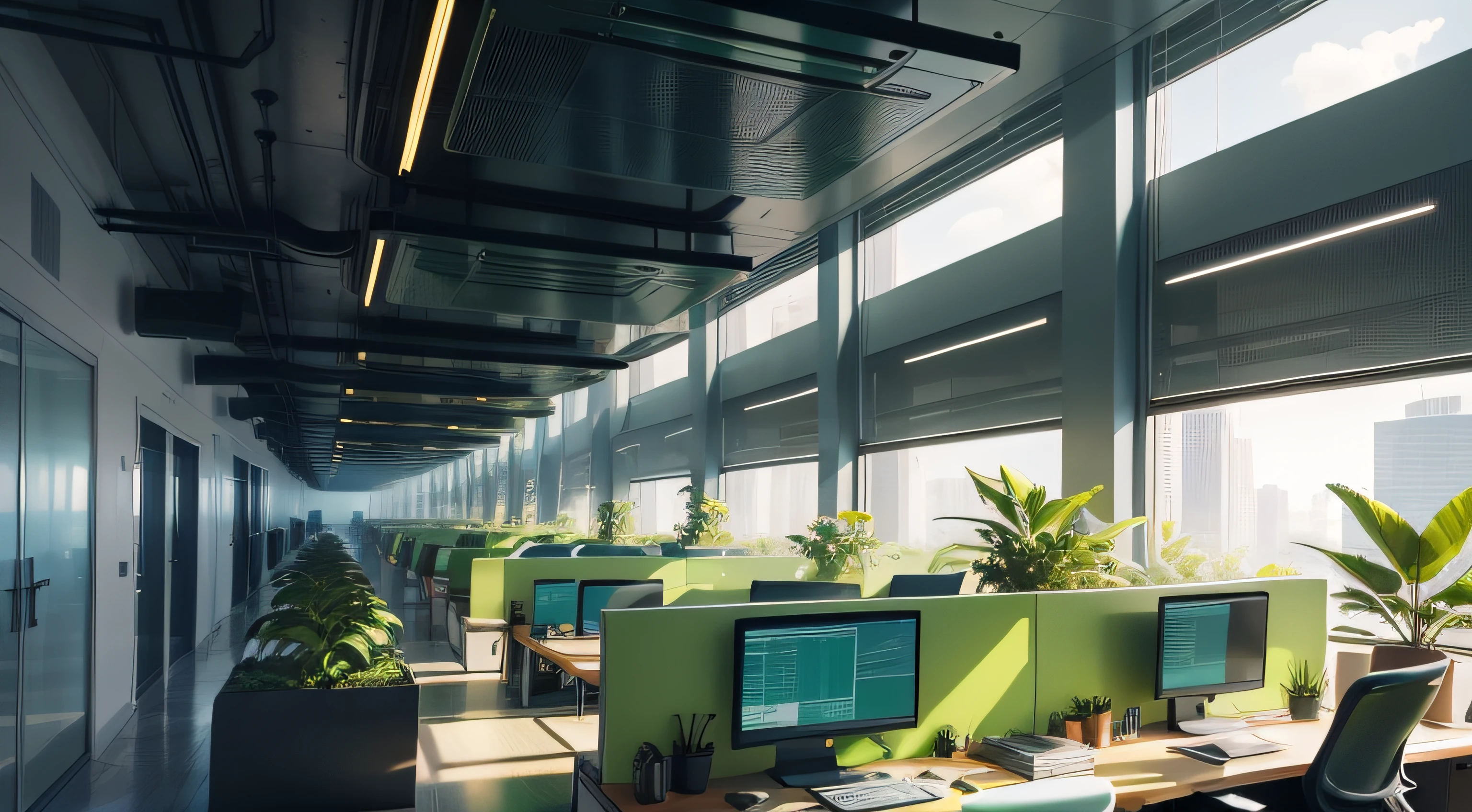 Futuristic office space with a lot of green plants