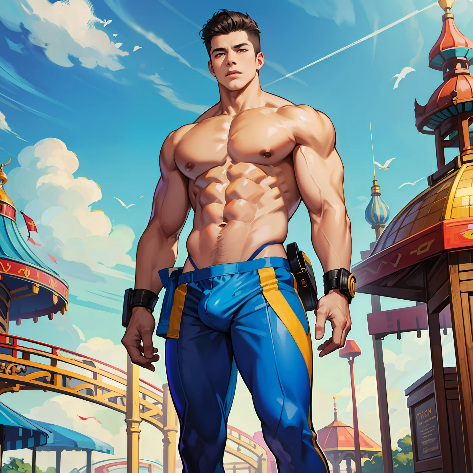 Running abs 22 year old boy,An amusement park,Perfect quality,Clear focus,s the perfect face,Complicated details,wide wide shot,Extremely protruding crotch