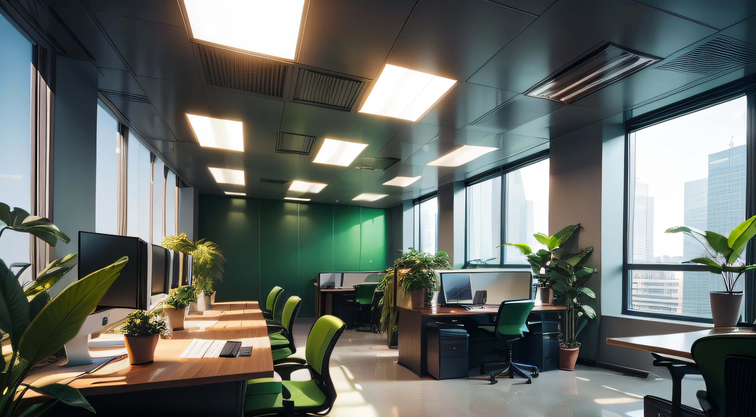 Futuristic office space with a lot of green plants