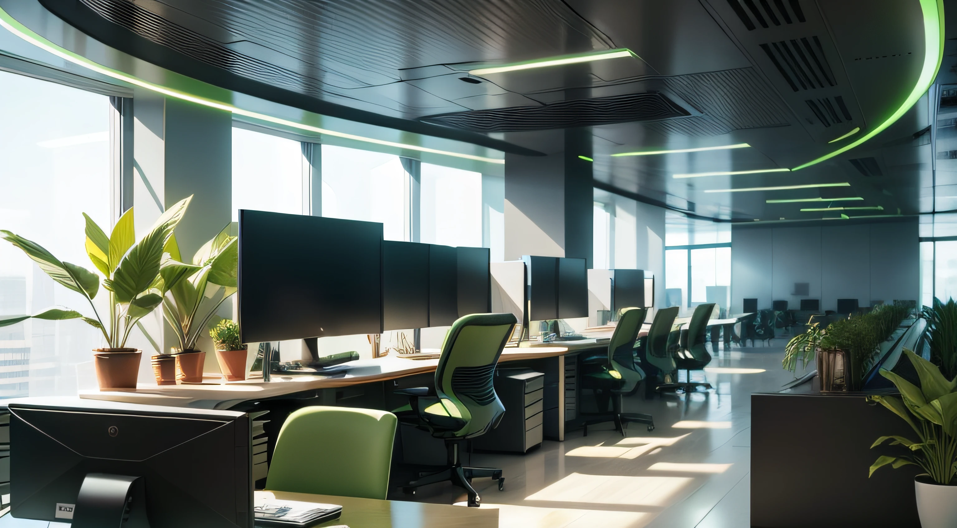 Futuristic office space with a lot of green plants