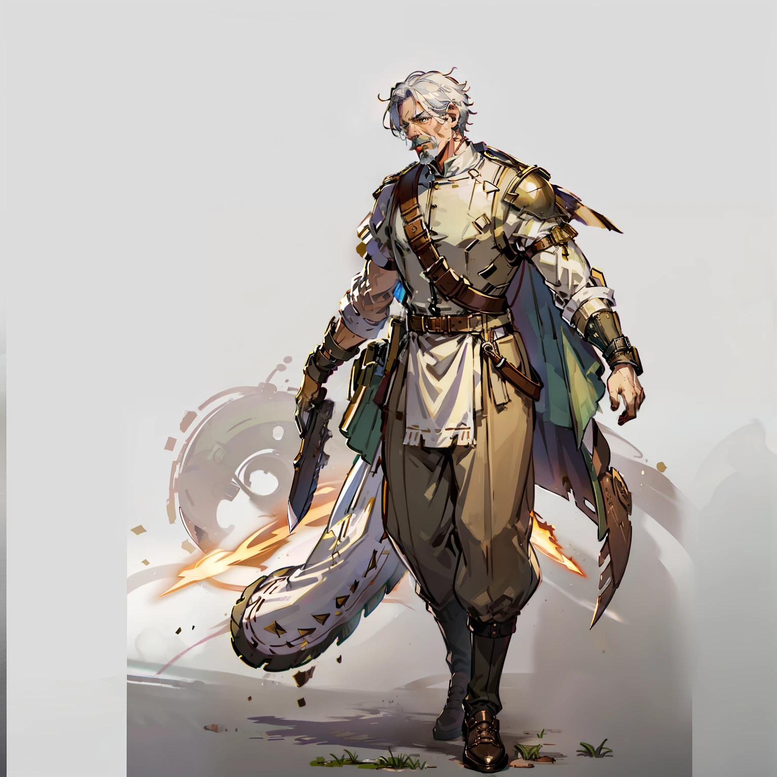 forerunner, Grandpa, No background, White background, White hair, Full body shot, Leather shoes, hickory, Short hair, mustache, Wide pants, Brown and green dresses, hunchback, Knives, Leather shoes, wounds all over the body, scar in one eye