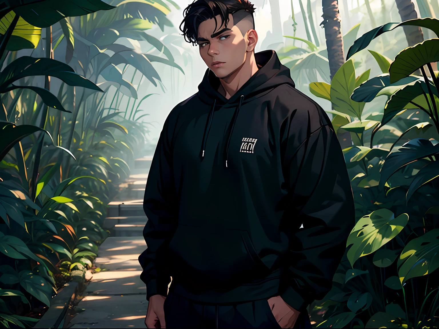 A powerful one, Burly youth,Standing in the jungle in a black sweatshirt,An anxious expression appeared on his face