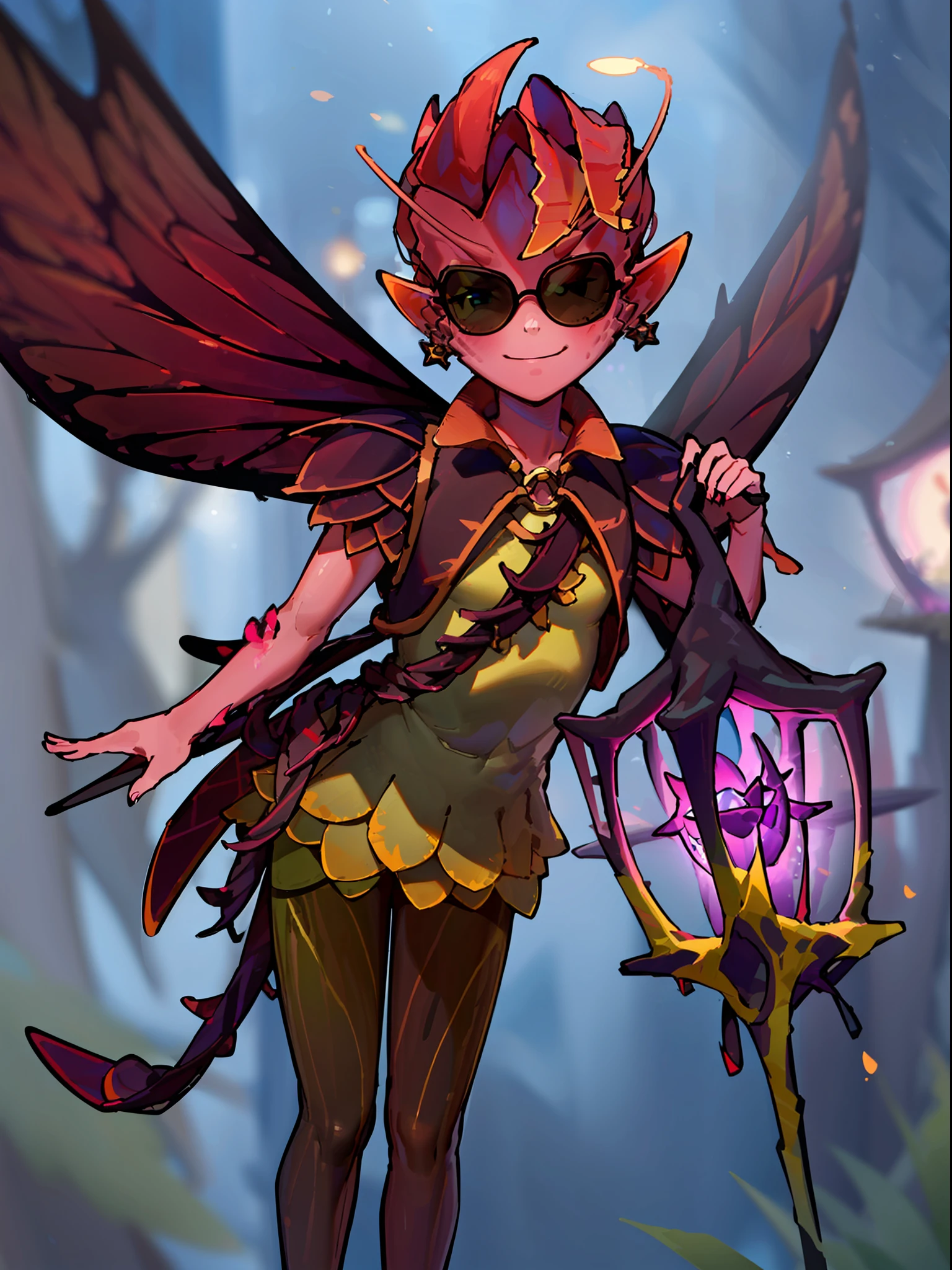 ((Best Quality, 8K, Masterpiece: 1.3)), Upper Body (1.3), night, glowing, standing, solo, sunglasses(1.5), big smile (1.5), spoken exclamation point, facing viewer, dota 2, dota (series), dark willow, small breasts, green pantyhose, ingame clothes, holding lantern, lantern, wings, dress, earrings, pantyhose, 1girl, jewelry, bangs, striped, green dress,