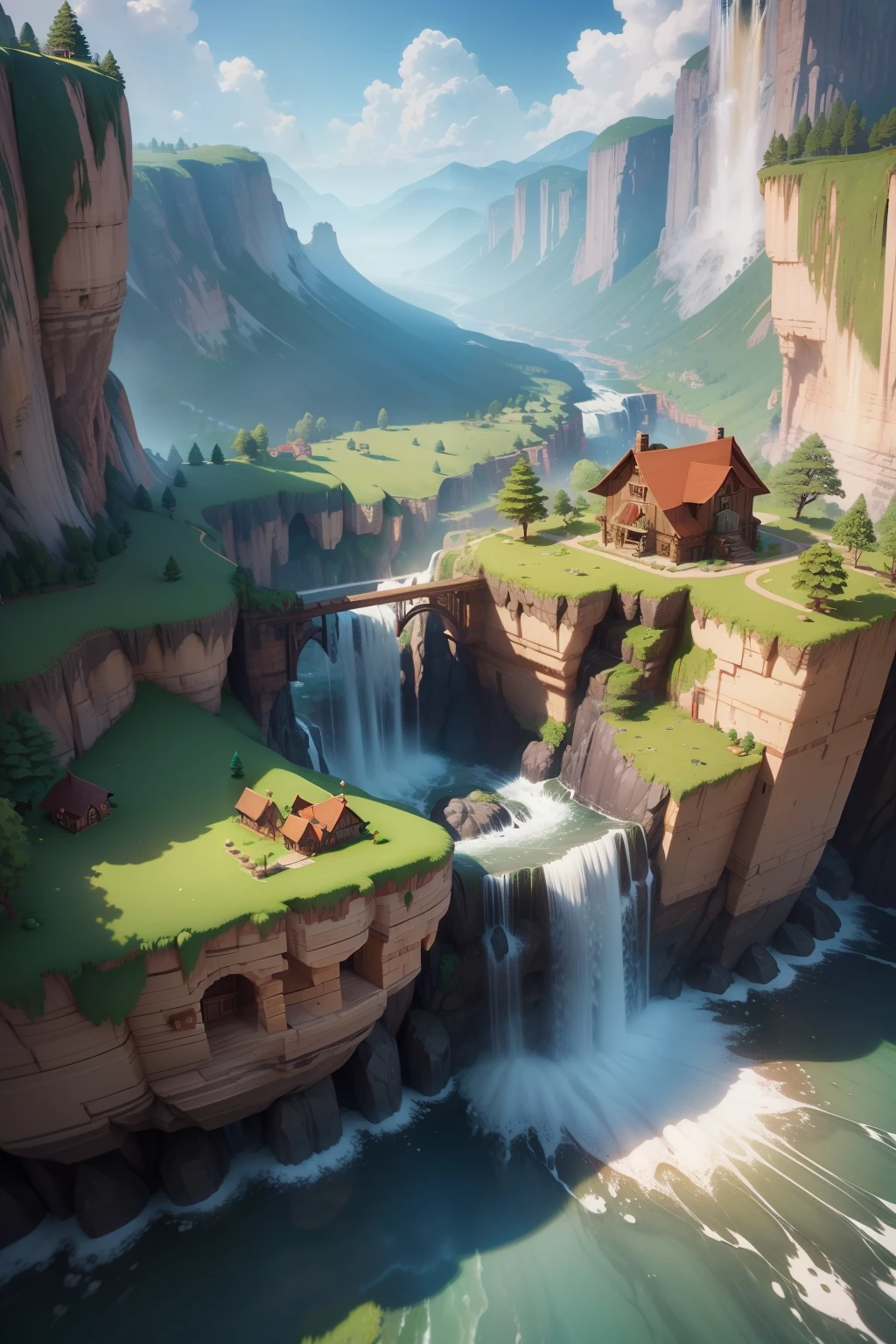 isometric mushrom village with waterfall, (isometric 3D), (masterpiece), (very detailed CG unity 8k wallpaper), (best quality), (best illustration), (best shadow), brick, wood, lush vegetation, octane rendering, ray tracing, ultra-detailed