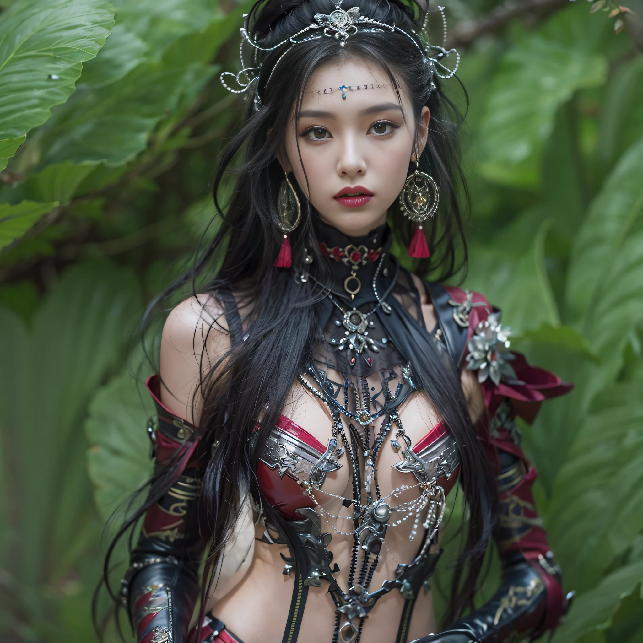 ((masterpiece:1.4)、(top-quality:1.4)、(reallistic:1.7))、Beautiful girl duo、Extraordinary beauty、Bondage style:1.4、latex shiny:1.4、Latex bodysuit、By Luis Royo、age19、Ultra Bikini、Looking Back Beauty、Outstanding style、standingn、fullllbody、foco nítido:1.5、Slender Abs、beauty legs、Beautiful ass、A detailed eye、Raw photo、red-lips、Red high heels、a choker、a necklace、耳Nipple Ring、Fantastic mythological landscape、