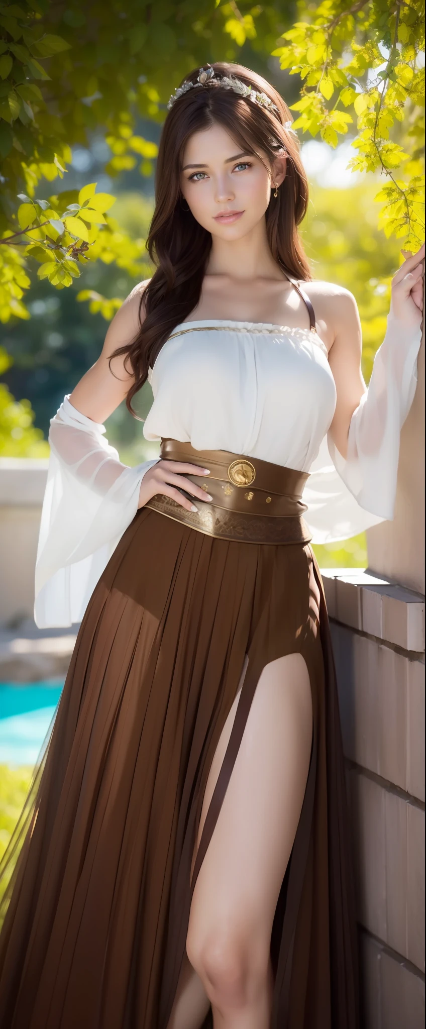 Photo, (Sharp focus:1.2), Attractive young woman, (Beautiful face:1.1), Detailed eyes, (Smile:0.7), (bodyfreckles:0.9), (Medium breasts:0.8), (Toned body:1.2), Shiny (Brown hair:1.1), Wearing (sun skirt:1.2). Depth of field. 4K, hdr. By (James S. Christensen:1.2|JeremyLipking:1.1).