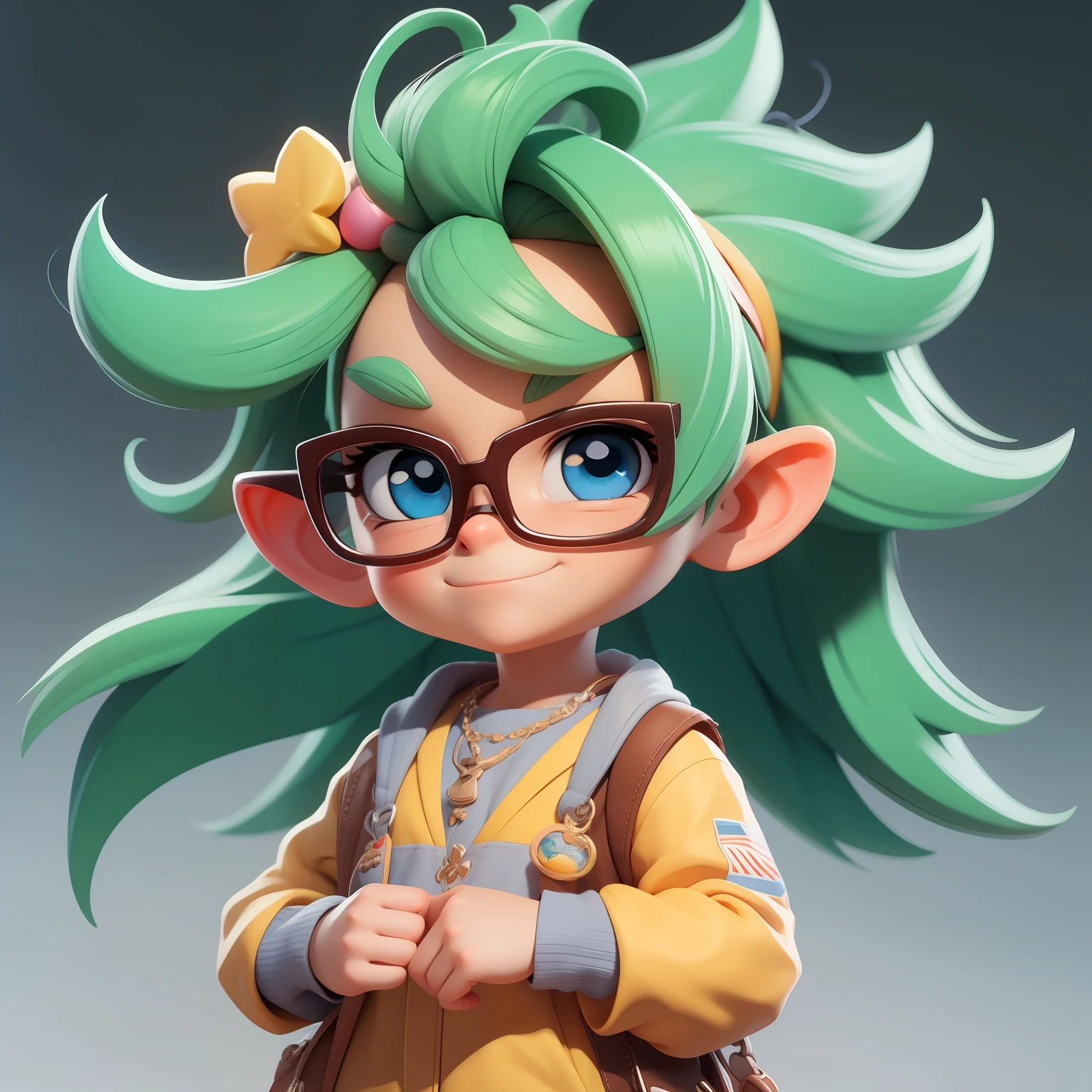 um garoto  solo fofo super bonito, nerd, Eyeglasses, corpo inteiro, Hair accessories, touca, boina, Coloridos, olhos delicados, sorrindo, roupas leves e detalhadas, clean background and bright 3D rendering, OC rendering, 8k, Foco suave, fino Glossysuper detalhe --ar 3:6 50 --q 2 --niji 5 --estilo expressivo --s 2