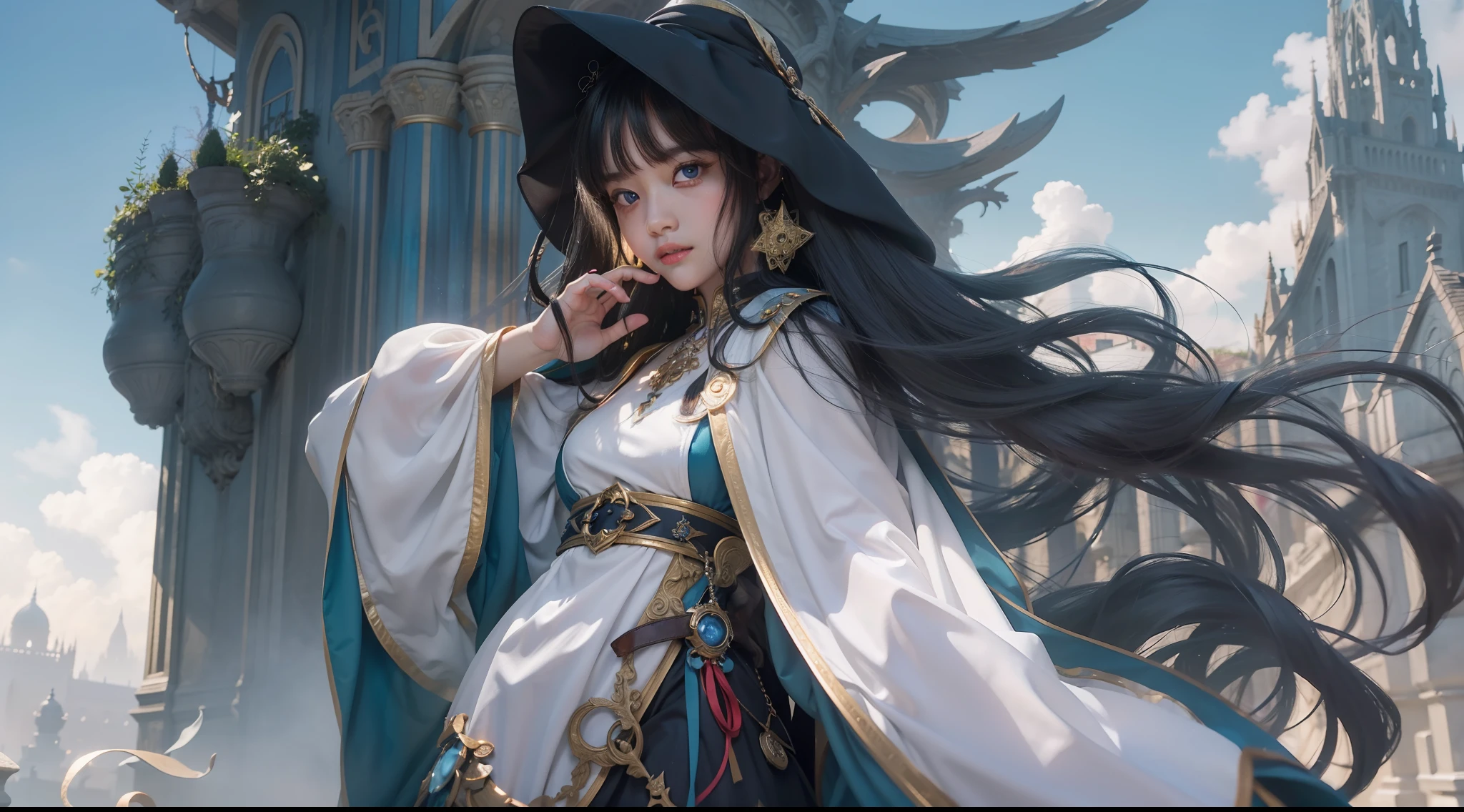 Above the rising clouds,Night, Dark, (Fantasy),infinite,deep blue sky,The abyss of knowledge,Cowledge,((masutepiece)), (((Best Quality))),((Beautiful fine eyes)),(Eye lashes)、Realistic clouds、Very beautiful face、The ultra -The high-definition、high fantasy castle、Beautiful girl with a huge golem、(女の子1人)、Black hair、The long-haired、abyss eyes、glowy skin、oils、small tits、Perfect human body structure、Wizard robes、der riese、tattered cloth、Realistic coat、Teenchi、Super delicate CG Unity 32k wallpaper、photoRealstic、masterpiece, ((ultra-detailliert)), ((illustratio)),colourfull,wall-paper,The energy,Unknown terror,Incomprehensible,Around the magic,Magical surroundings,magic wands,Boken,Flying pages,Know everything,Predict the future、Get to know the past、Infinite wisdom、blue flames、Warlock、magic circles、Pentagram、Spells、mantra、Singing magic