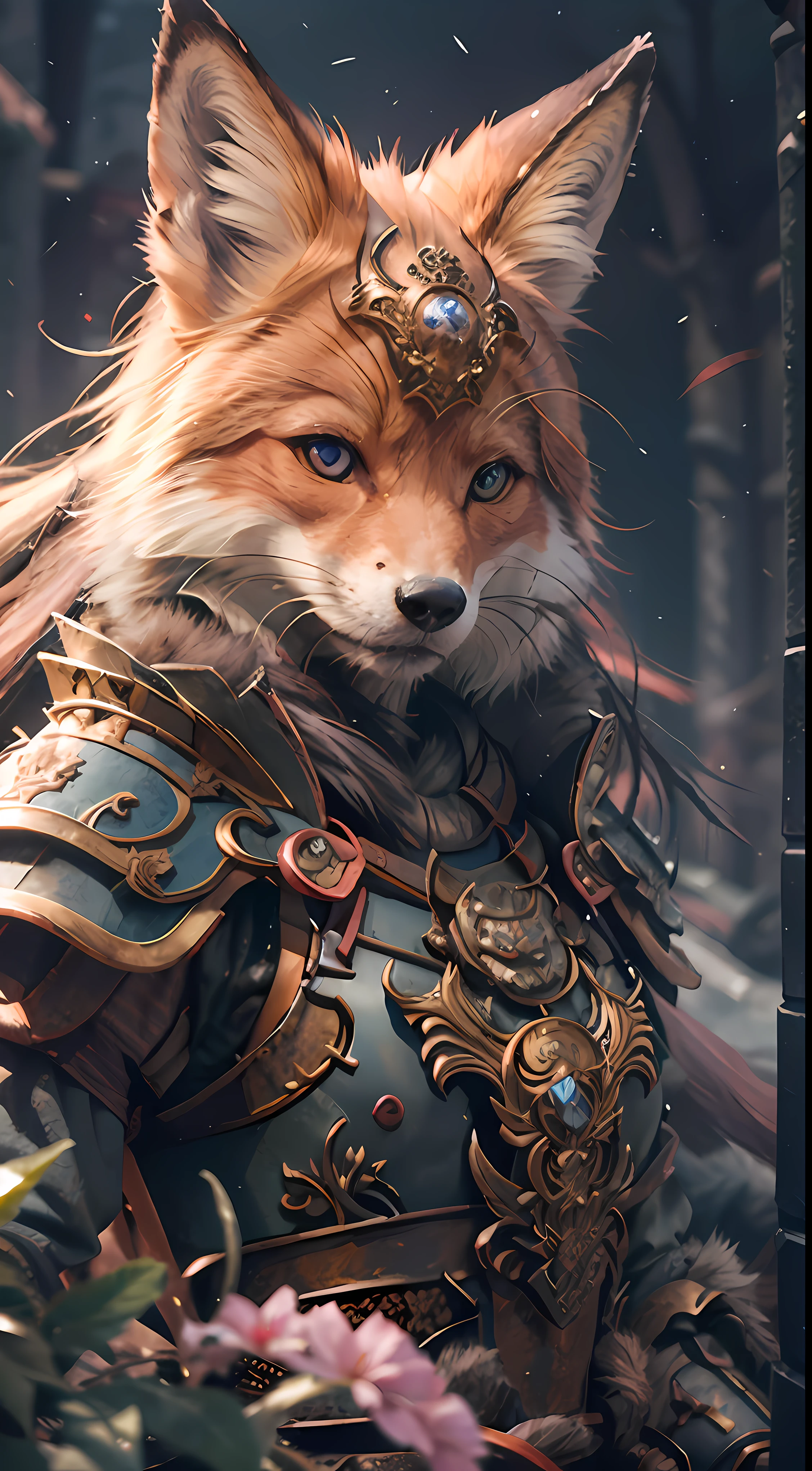 A **** girl，Upturned breasts，The upper body is a fox，Fox head，Delicate fox face，Enchanting purple pupils，The lower body is the human body，Wearing armor，Vampire fangs，Ultimate quality，Cg unity 8k，Super delicate，Background bokeh，The depth of field is full，HDR high dynamics，True restore，iintricate，Attention to detail，The perfect presentation of Midjourney's artistic style。