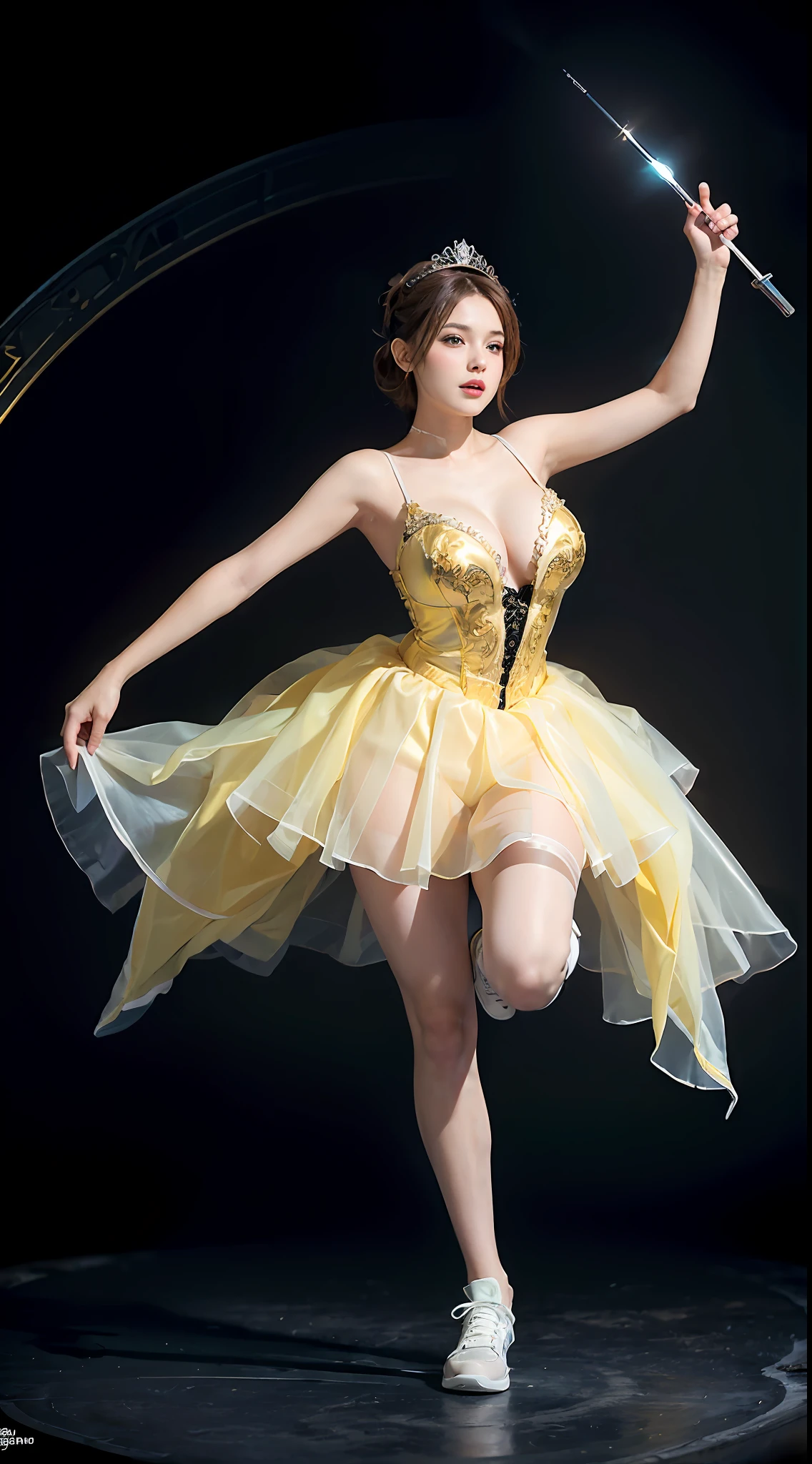 Surrealist women by David Hockney and Alphonse Mucha，Fantasyart，photographrealistic，动态照明，art  stations，poster for，huge tit！torches，torchan，Stage，perform，theater，Volumetriclighting，Tall beauty，body high，Very detailed faces，4 k''，1girll，Stage，low tune，facial closeups,(Light yellow ballet costume，short transparent dress，Superskirt，Bunny Girl tiara，White sneakers，cleavage:1.4), updo hair，lots of people，Redlip，ssmile，low chest，deep v big breasts，huge tit，Raised sexy，Bigchest，Large breasts，Breast swelling，Raised chest，blackstockings，Breasts are plump，crisp breasts，A plump chest，the breasts are large，Seductive expressions，Wear earrings，The skirt floated，Hair flowing up，Fairy under fan，wearing a choker，Wear a bracelet，The stands up，standing on your feet，long leges，blackstockings，Wet all over，Moisturizes the whole body，huge tit，Red lips，Curvy beauty，Female beauty，stocklings，gigantic cleavage breasts，black lence stockings，slenderlegs，Hot dance，ballet dance，Ballerina，full bodyesbian，beautifullegs，Dance，gracefulness，soft，softness，samba，samba，Noble，Rich，largeeyes，eye shadows，Long legs，beautifullegs，Thin leg，split，splitting legs，Dance，Dancer，split，Aerial capture，Jump up，Suspended in the air，Dancing in the air，The legs are long，Skirt bottom，Curvy beauty，Kicking
